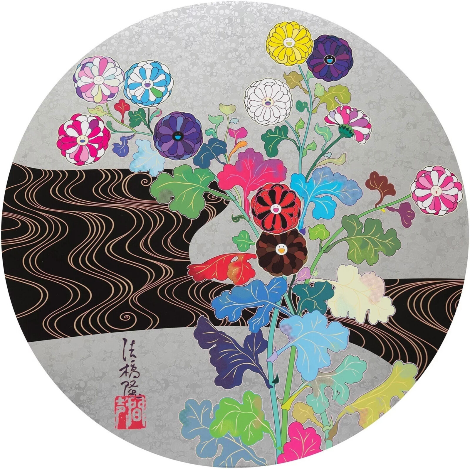 A painting of flowers in a vase on a gray background.