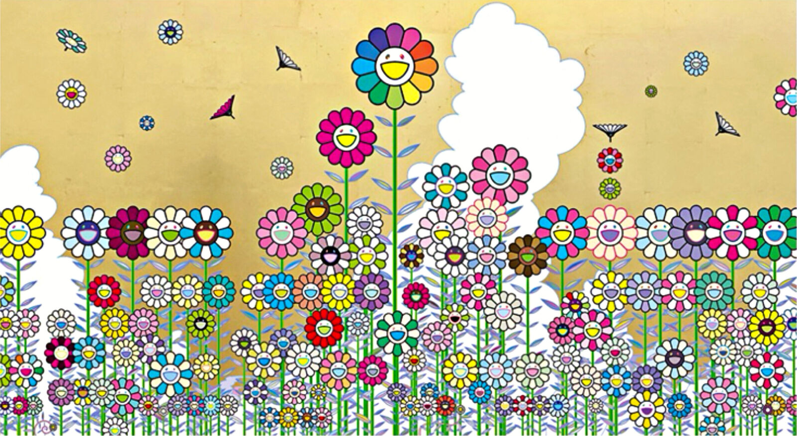 A field of colorful flowers with birds flying around.