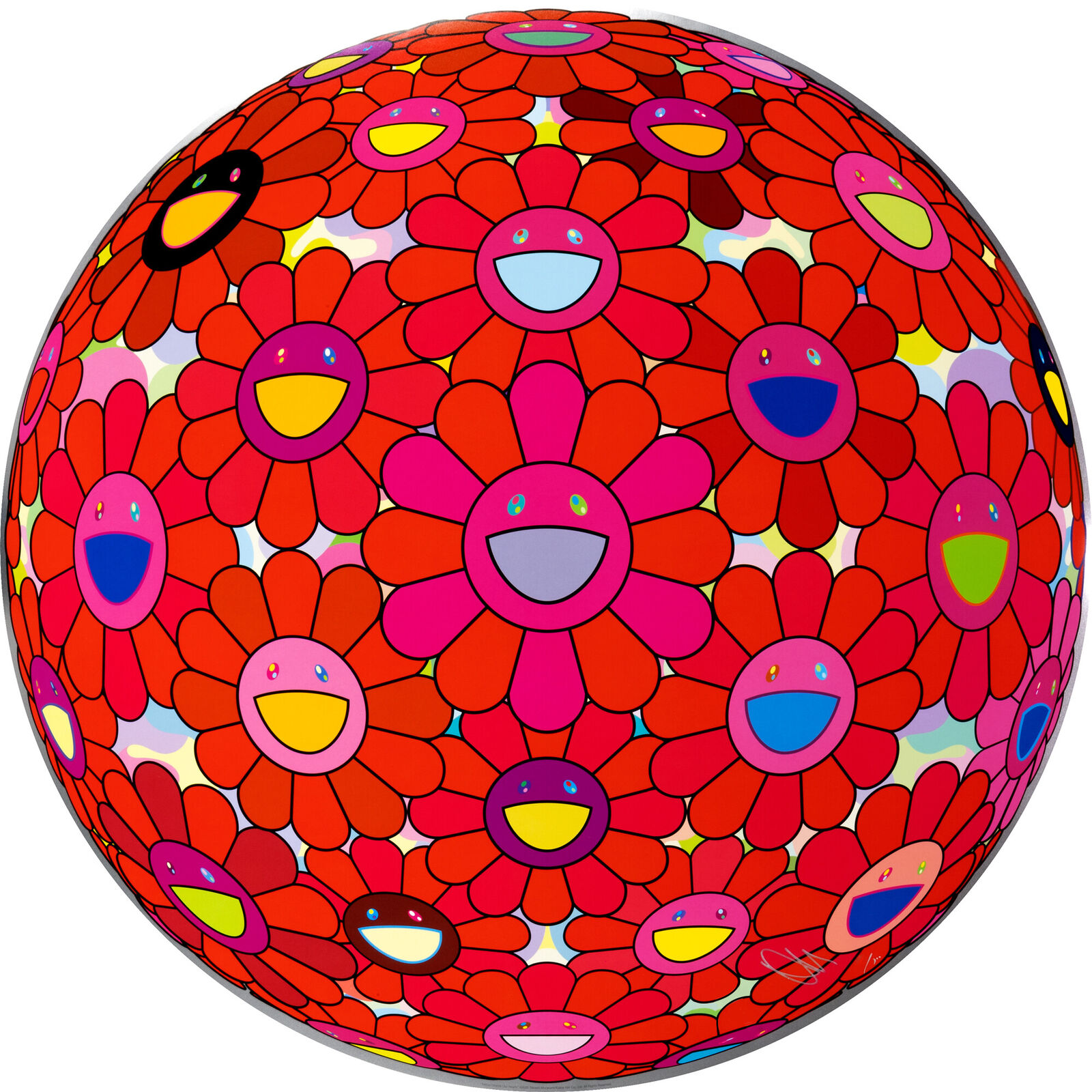 A red and pink flower ball with smiley faces on it.