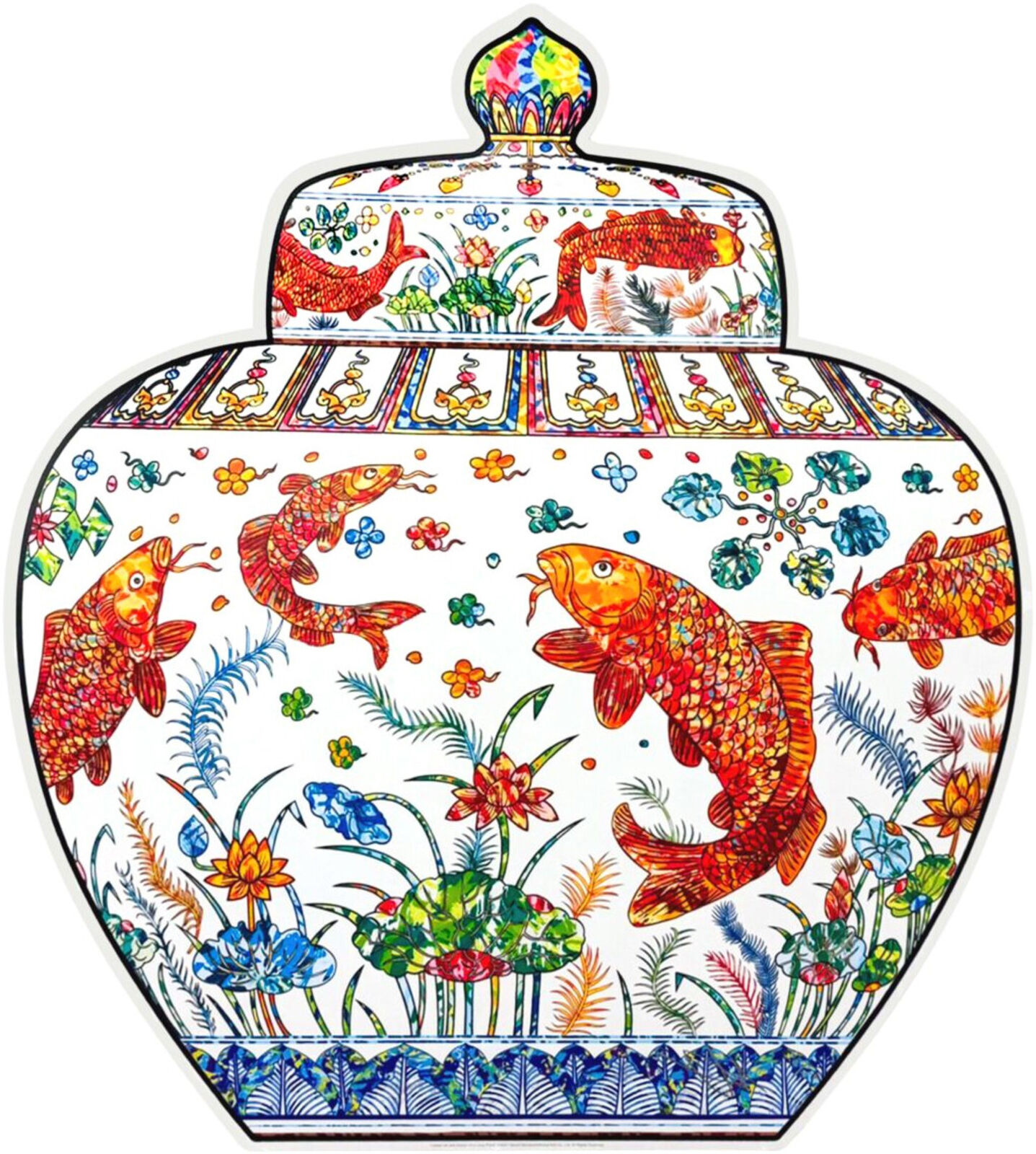 A decorative vase with koi fish and flowers on it.