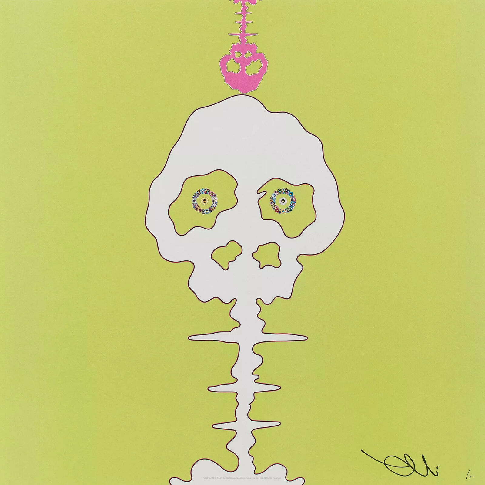 A drawing of a skull with a pink heart on it.