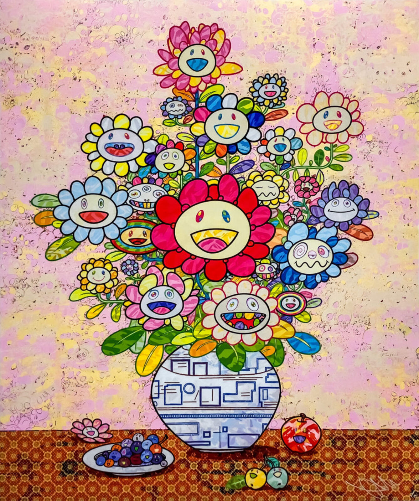 A painting of a vase filled with lots of flowers on a table.