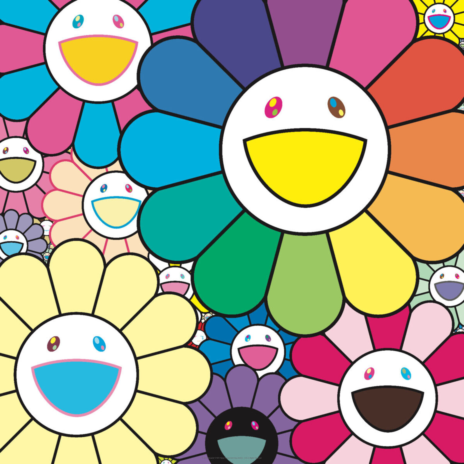 A bunch of colorful flowers with smiley faces on them.