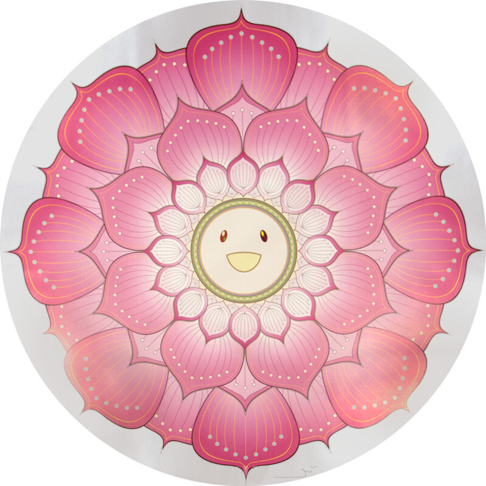 A drawing of a pink flower with a smiley face in the center.