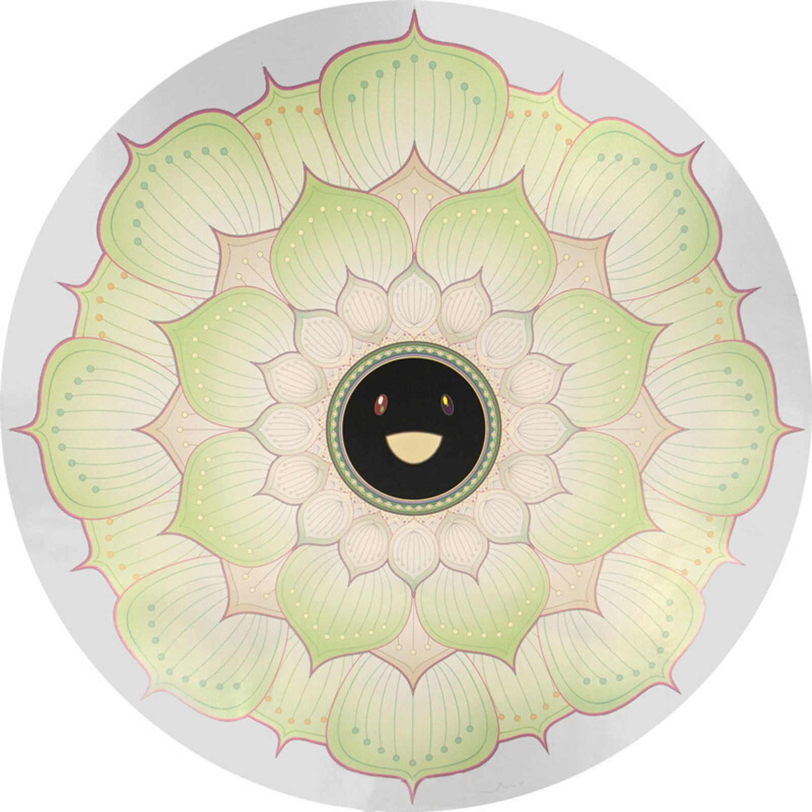 A circular drawing of a smiling sunflower with a smiley face.