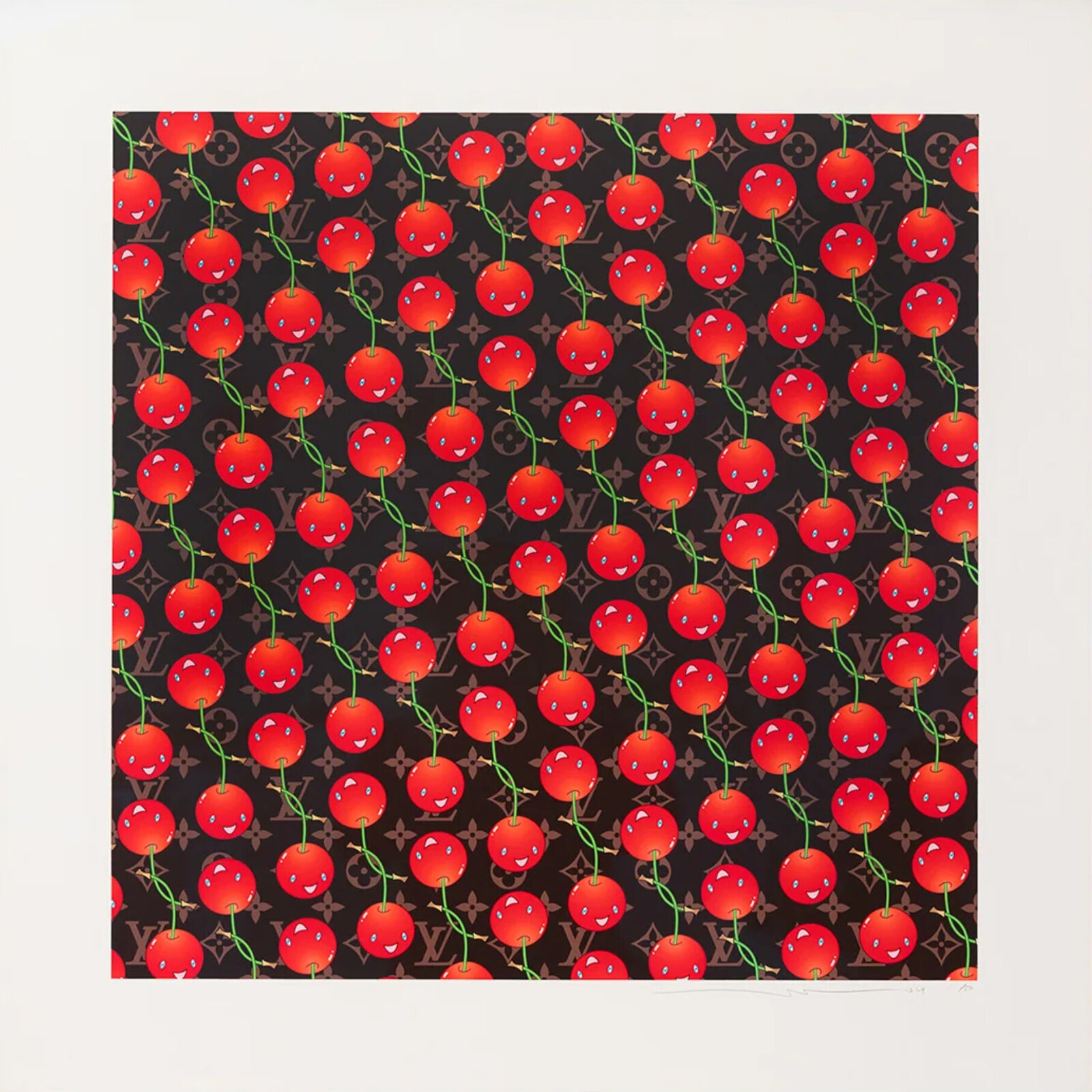 A picture of a pattern of cherries on a black background.