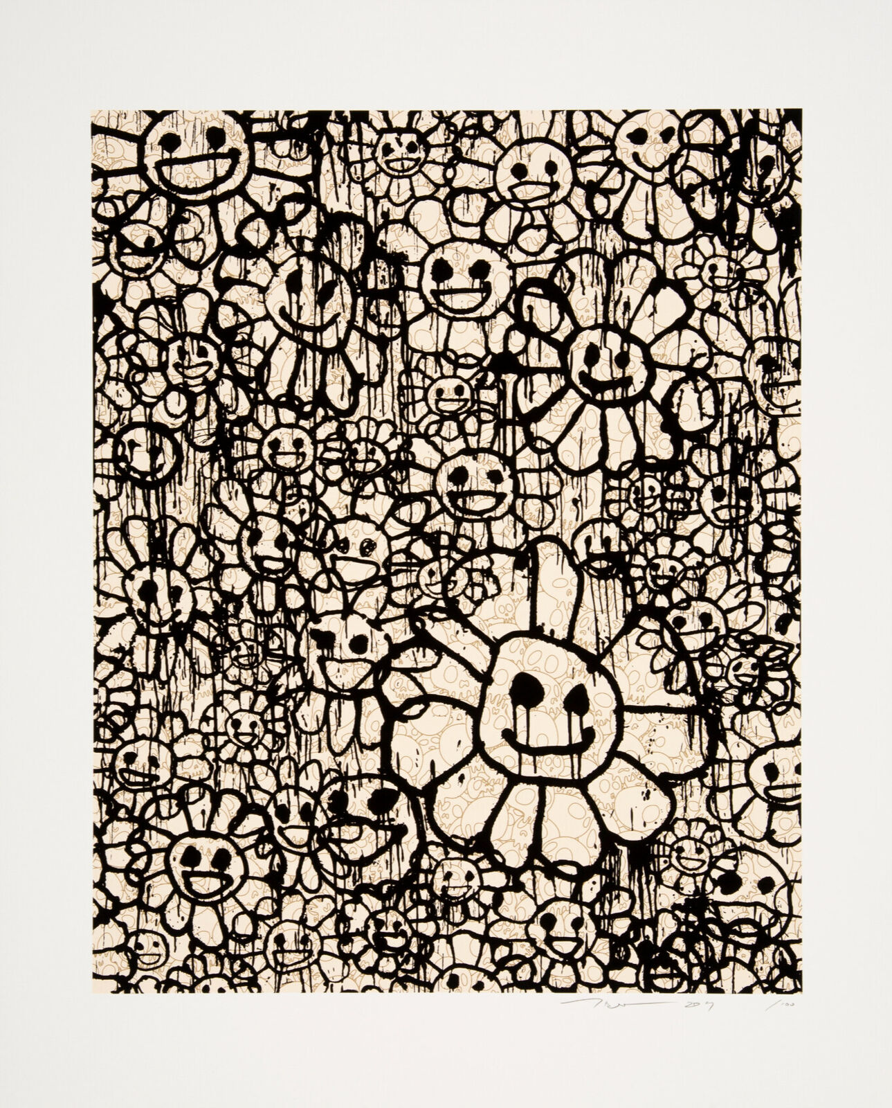 A black and white drawing of a bunch of flowers.