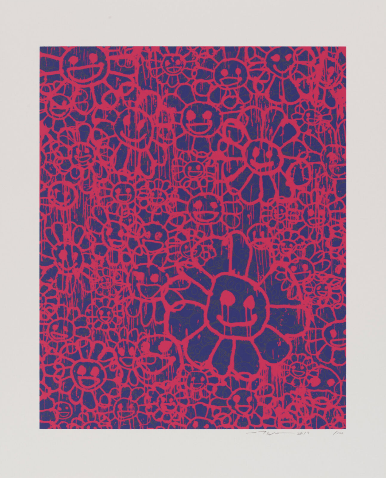 A red and blue print with a smiley face on it.