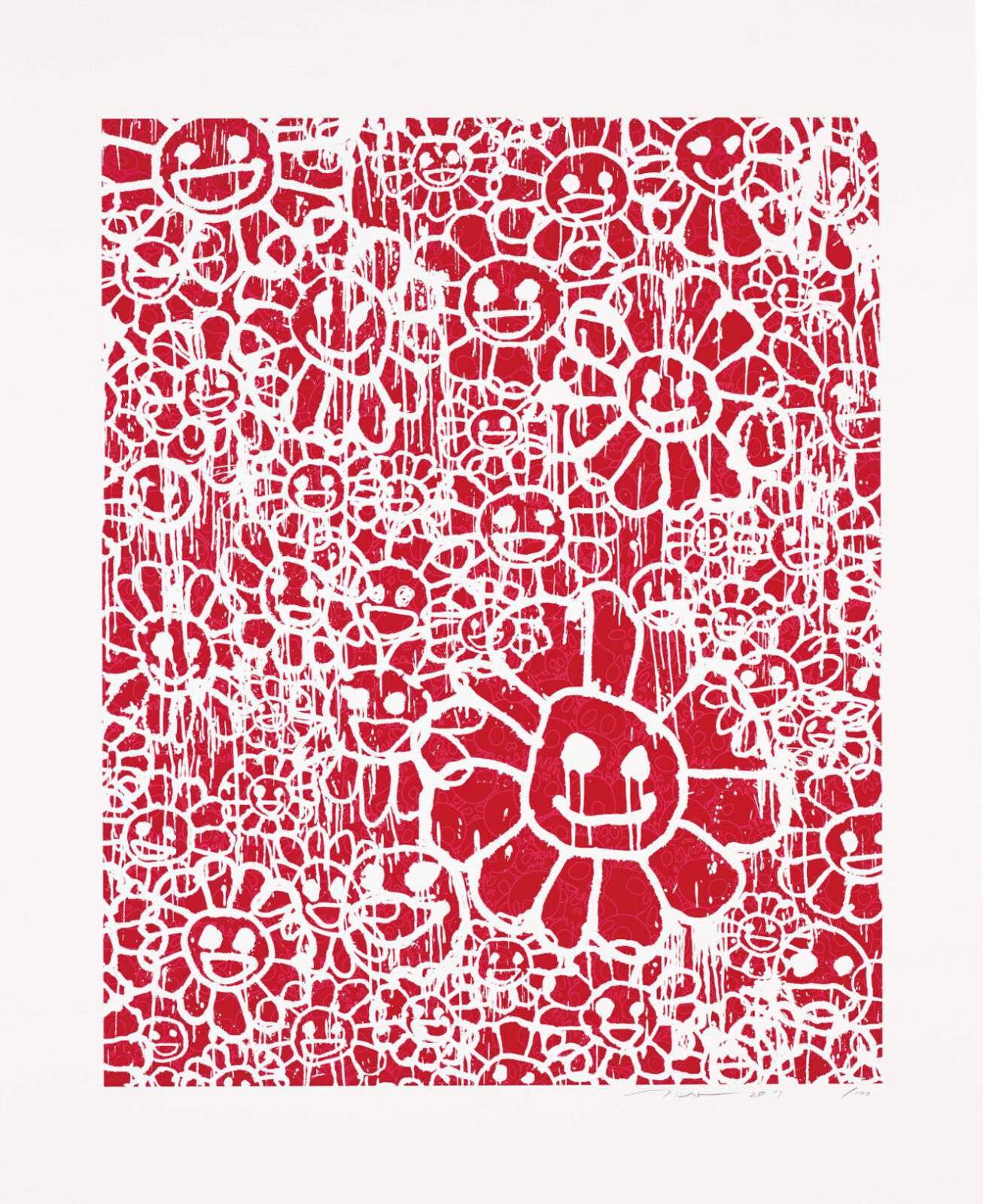 A red and white print with a smiley face on it.