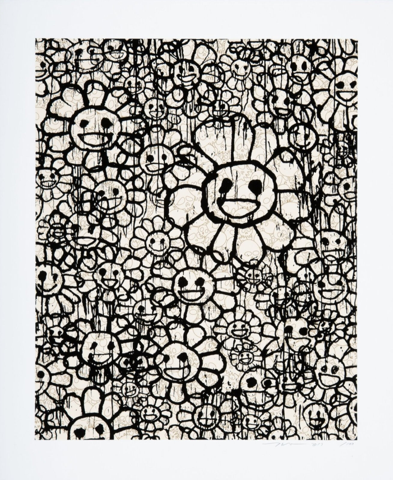 A black and white drawing of a bunch of flowers.