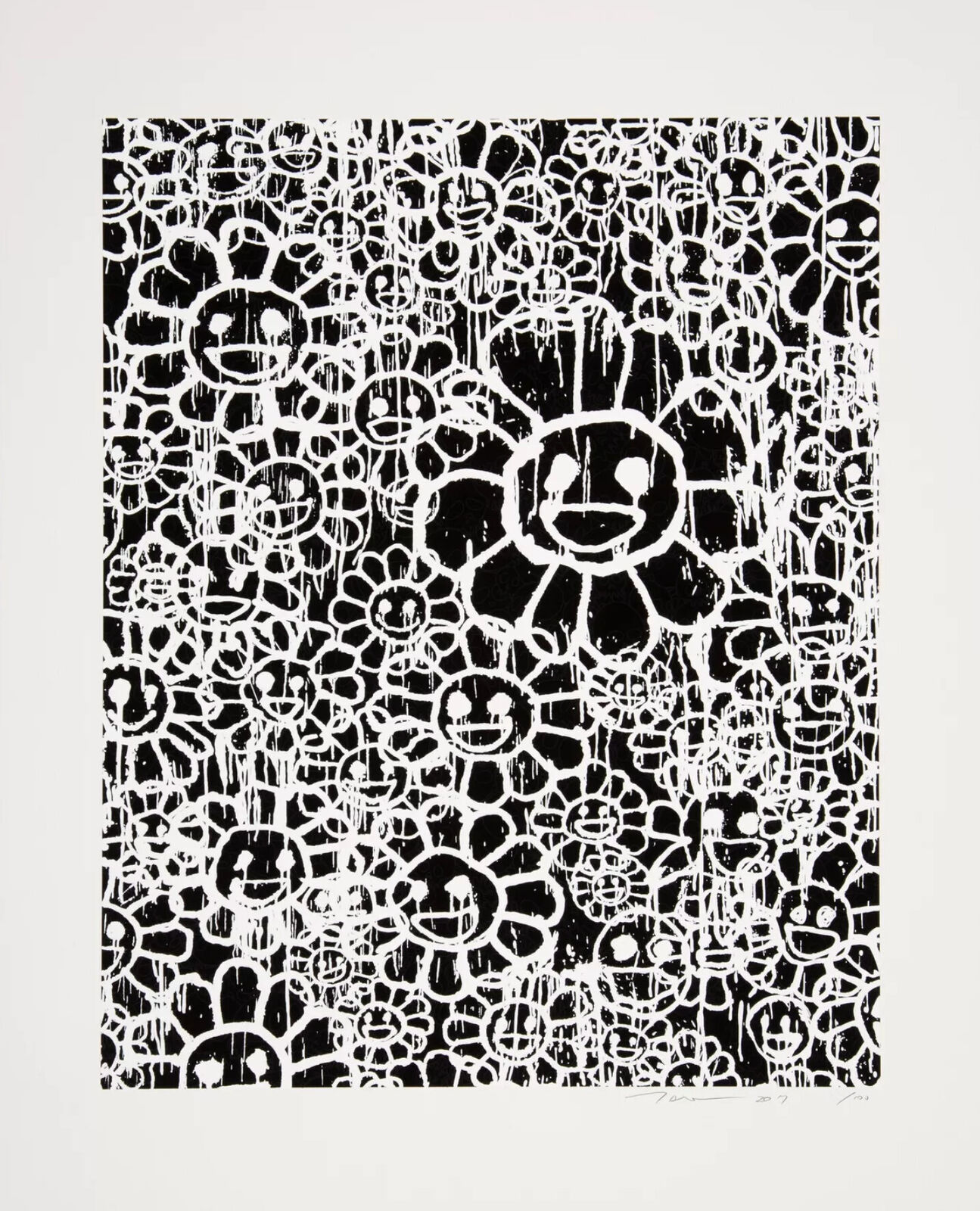 A black and white drawing of a sun surrounded by flowers.