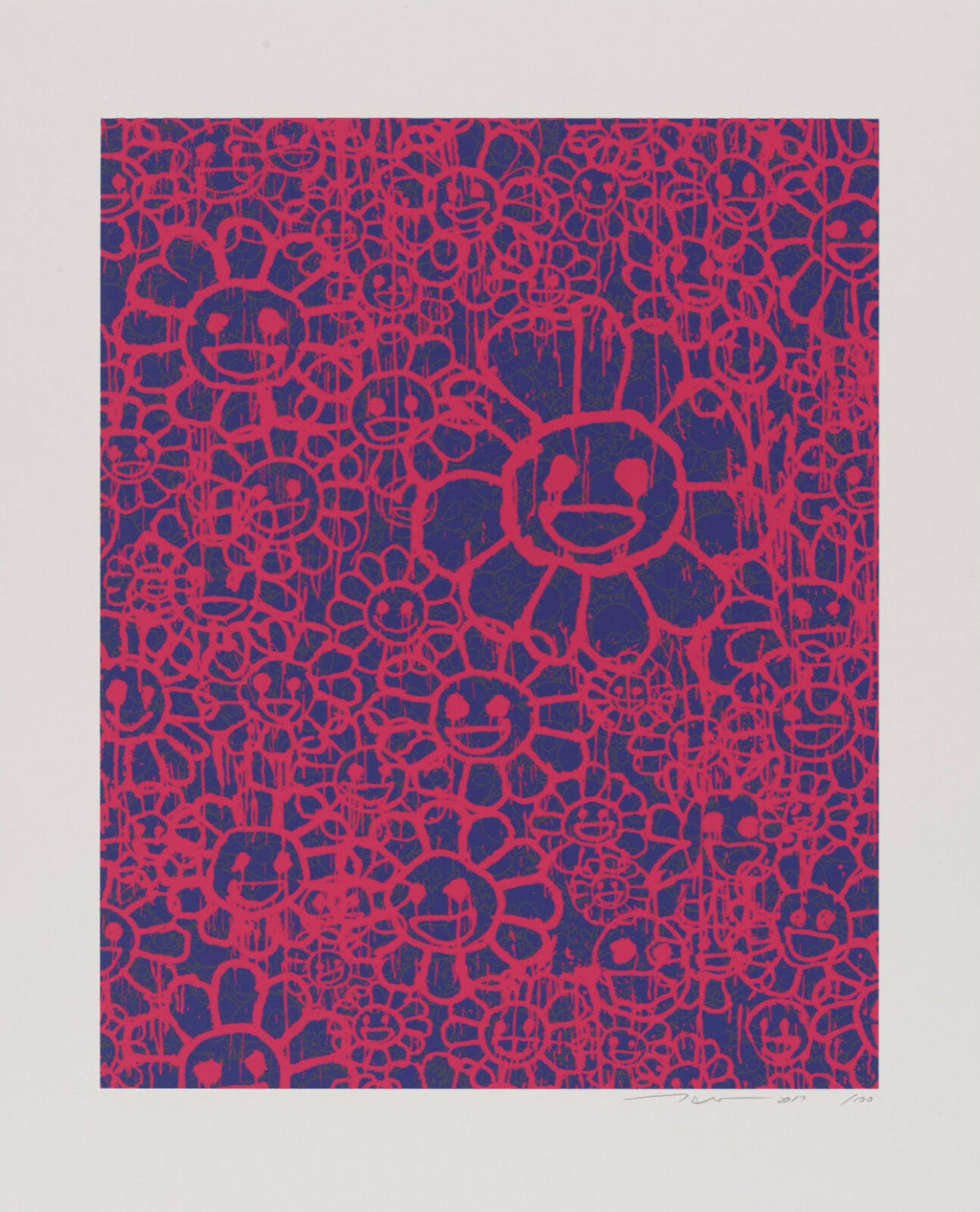 A red and blue print with a smiley face on it.