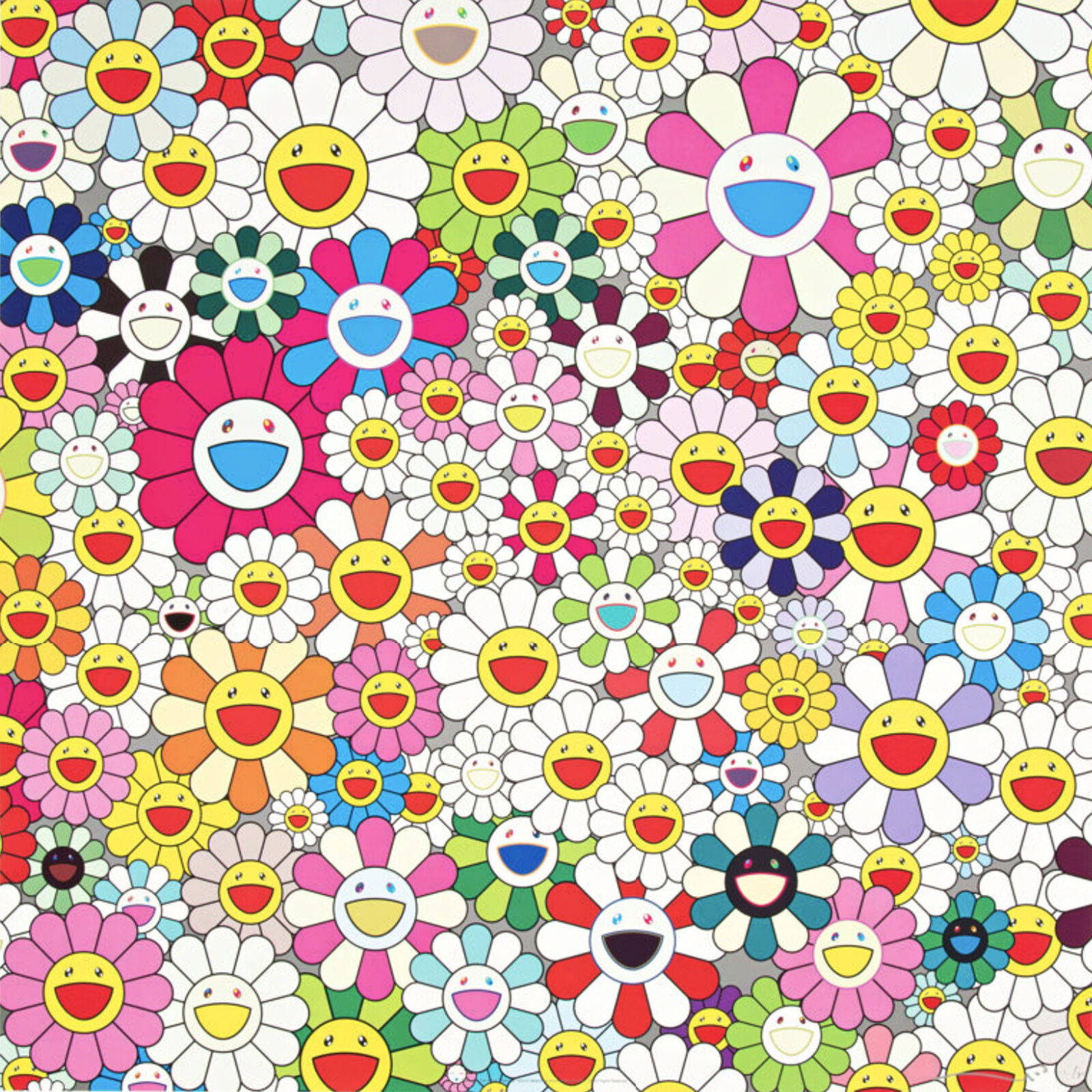 A large group of colorful flowers with smiley faces.