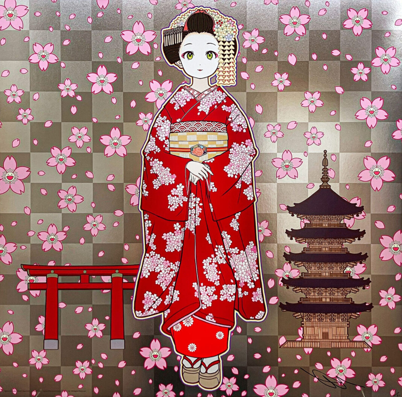 A woman in a red kimono standing in front of a pagoda.
