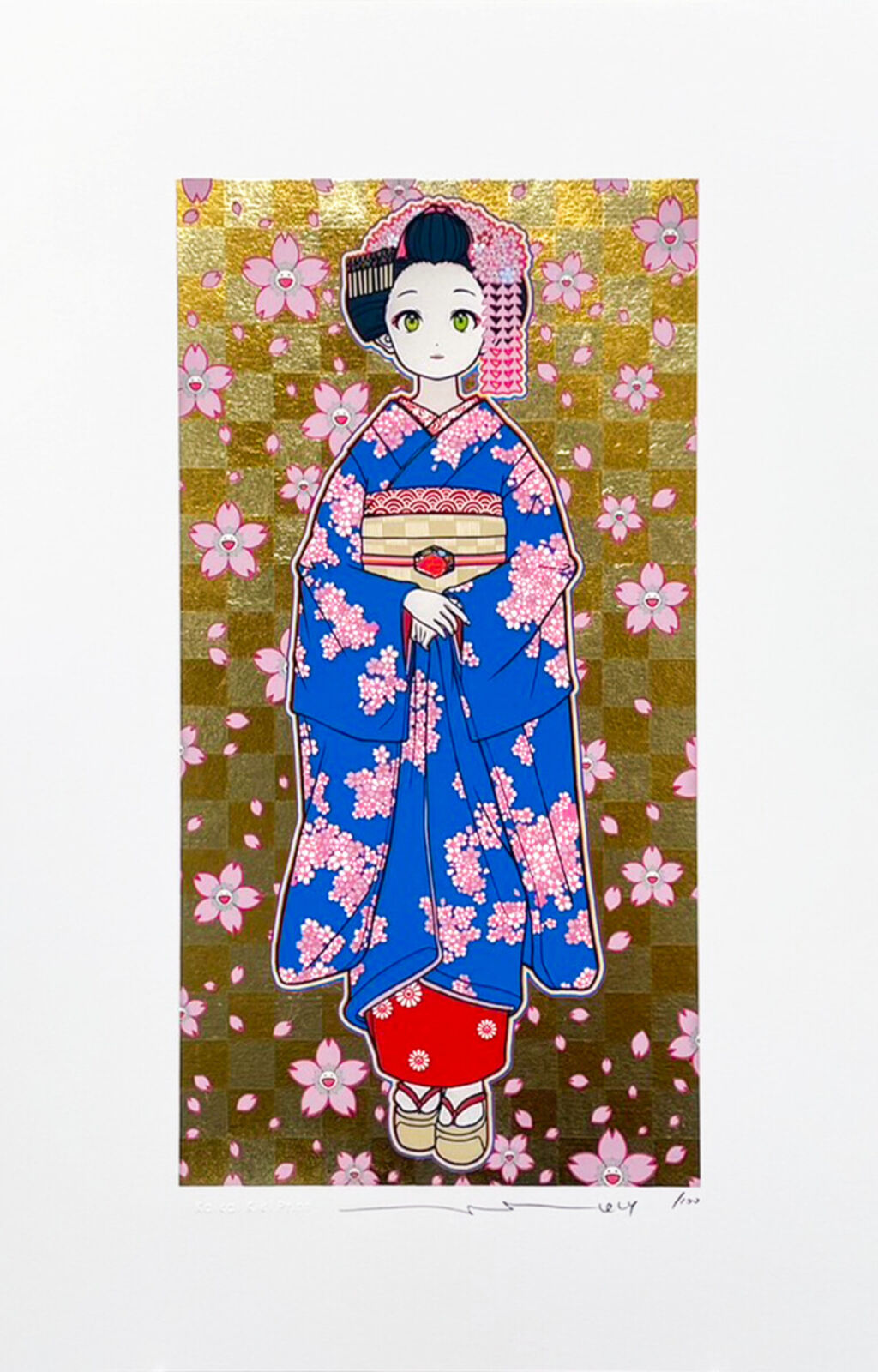 A painting of a woman in a blue kimono holding a book.