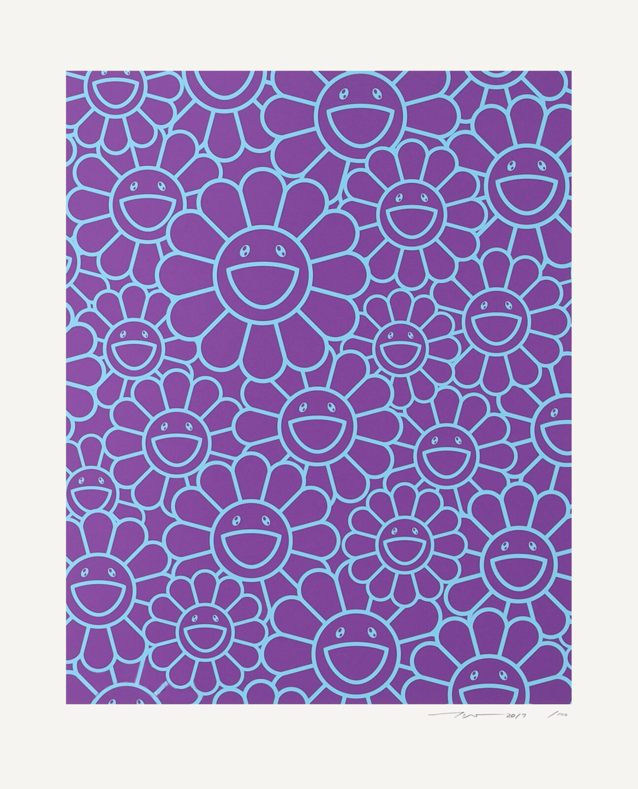 A purple and blue flower pattern with smiley faces.