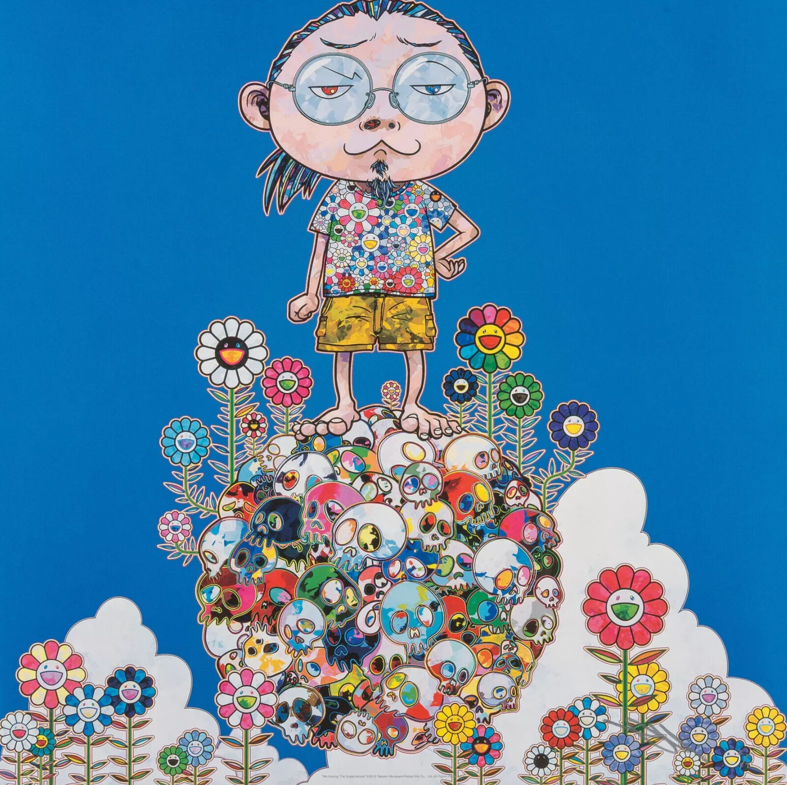 A drawing of a boy standing on top of a pile of skulls.