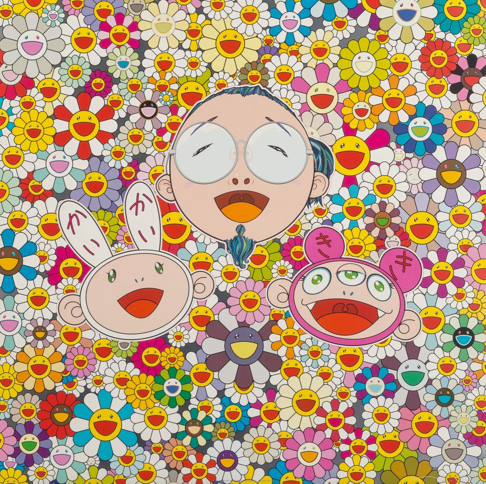 A painting of a person surrounded by many different colored flowers.