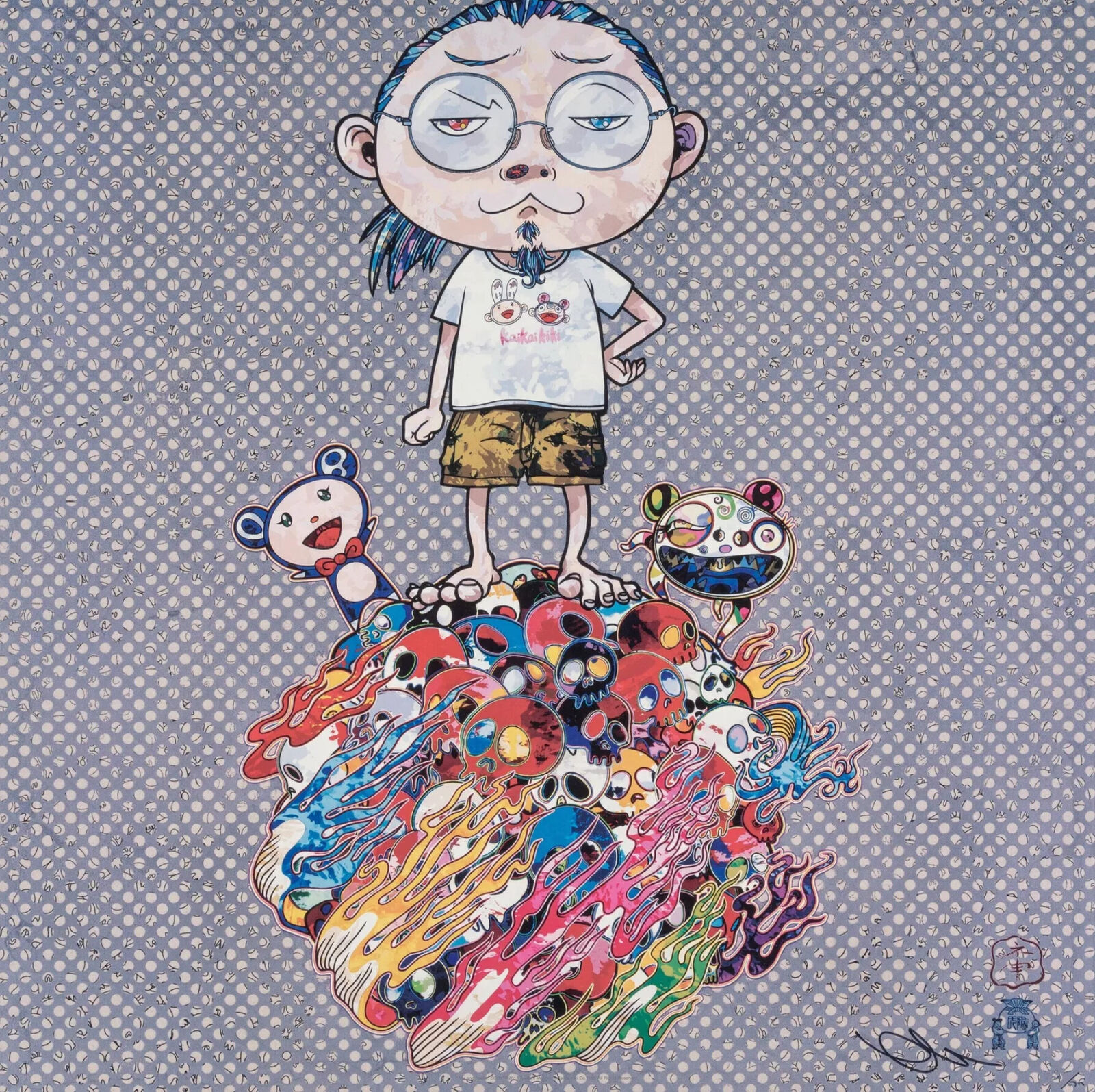 A drawing of a boy standing on top of a pile of skulls.