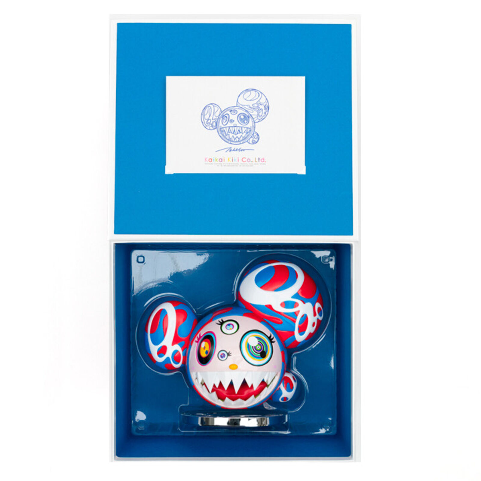 A red, white, and blue mickey mouse head with a big smile on it's face.