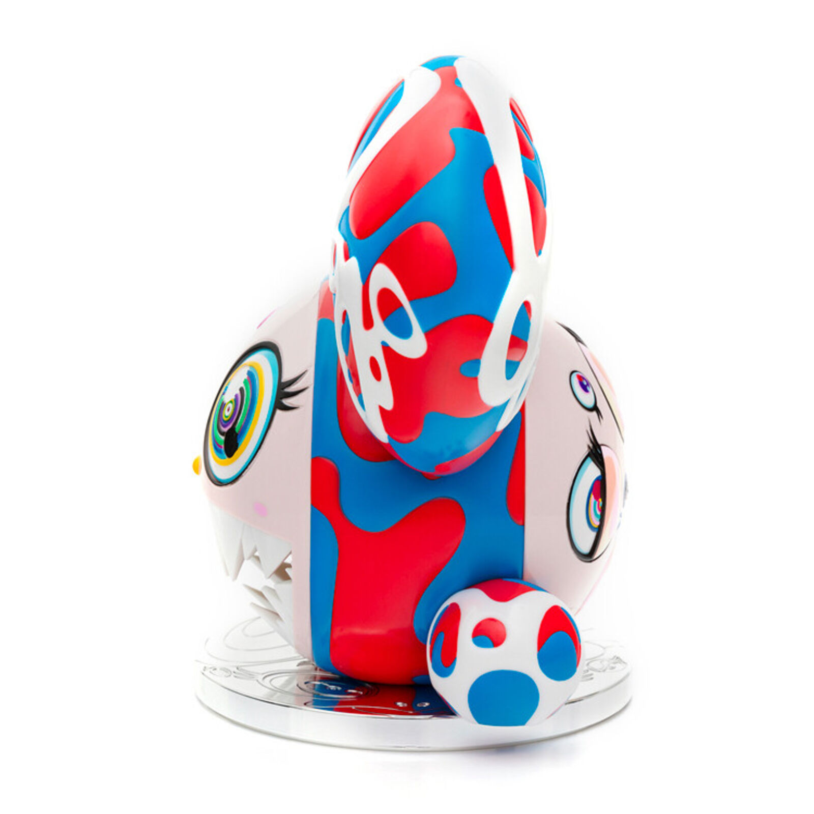 A red, white, and blue mickey mouse head with a big smile on it's face.