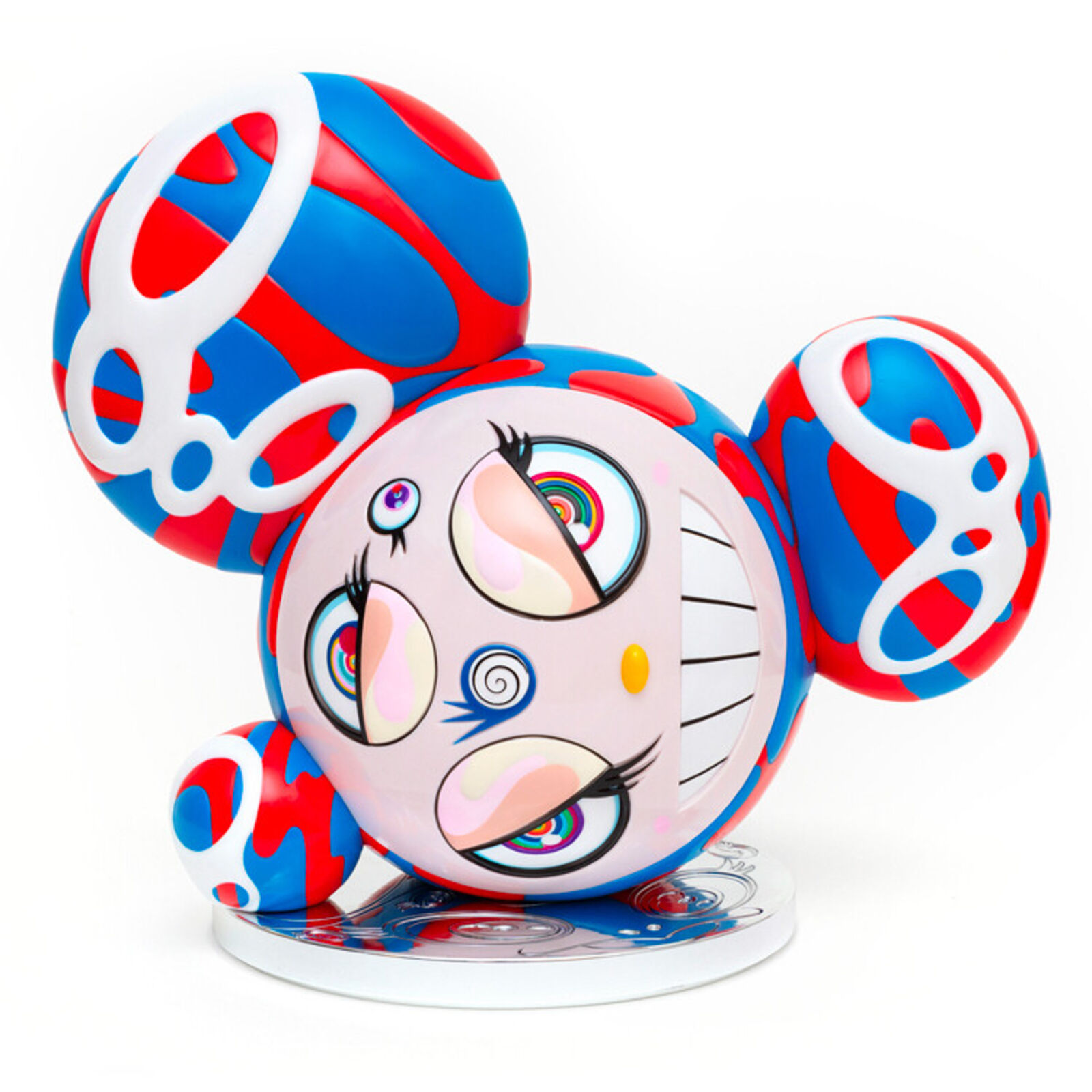 A red, white, and blue mickey mouse head with a big smile on it's face.