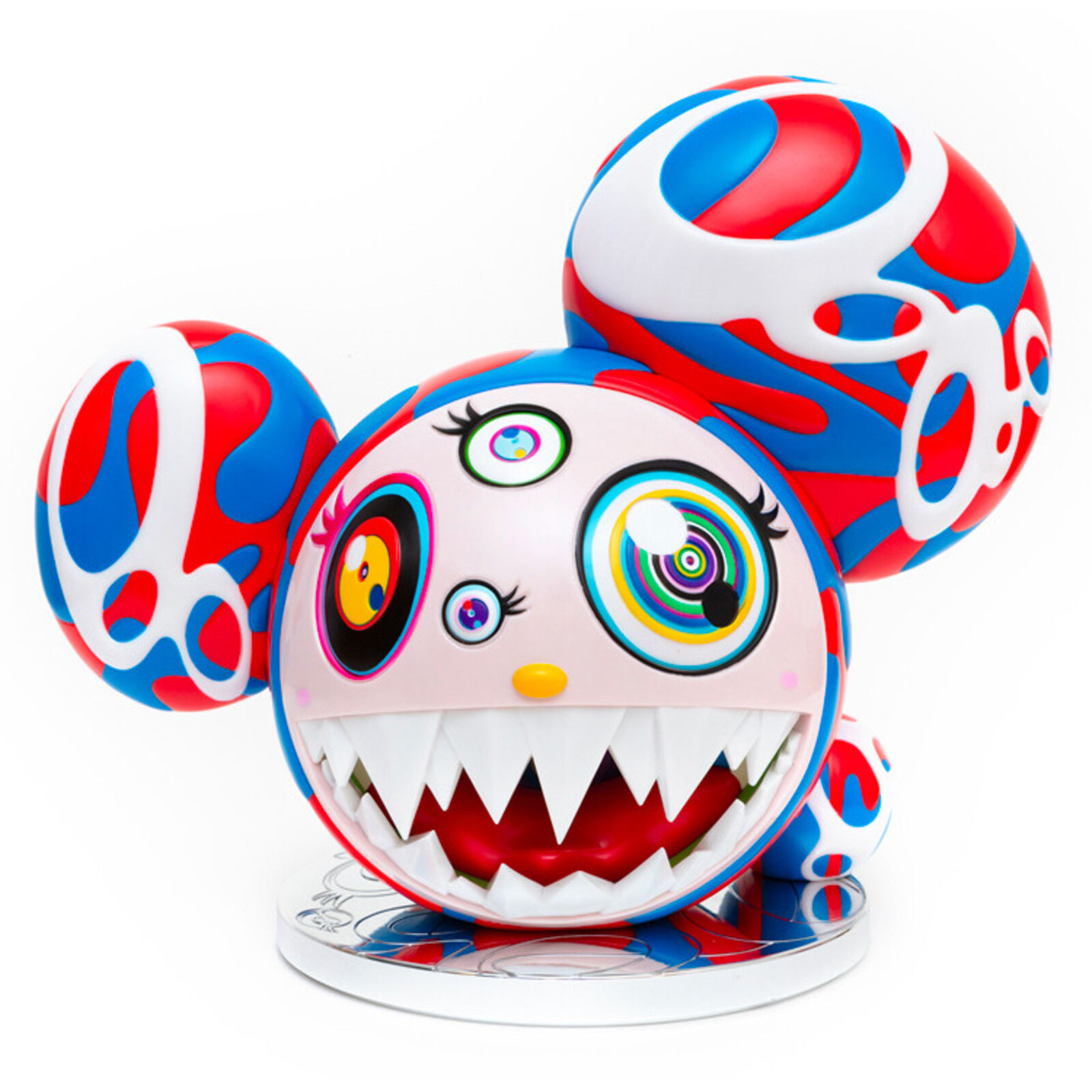 A red, white, and blue mickey mouse head with a big smile on it's face.