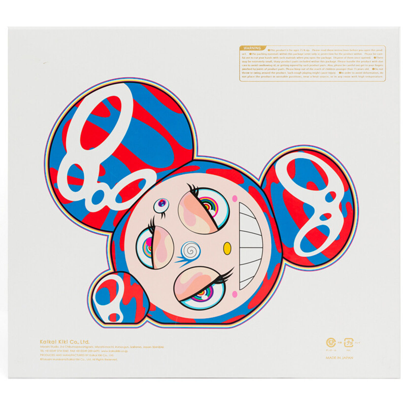 A red, white, and blue mickey mouse head with a big smile on it's face.