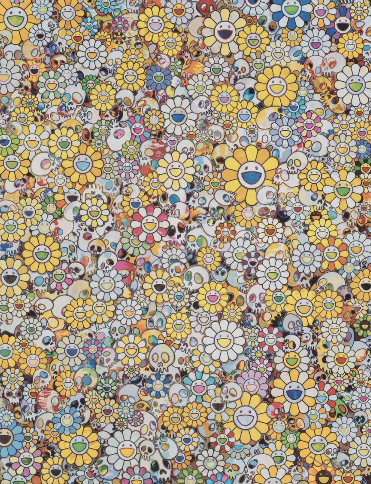 A large group of flowers and skulls on a wall.