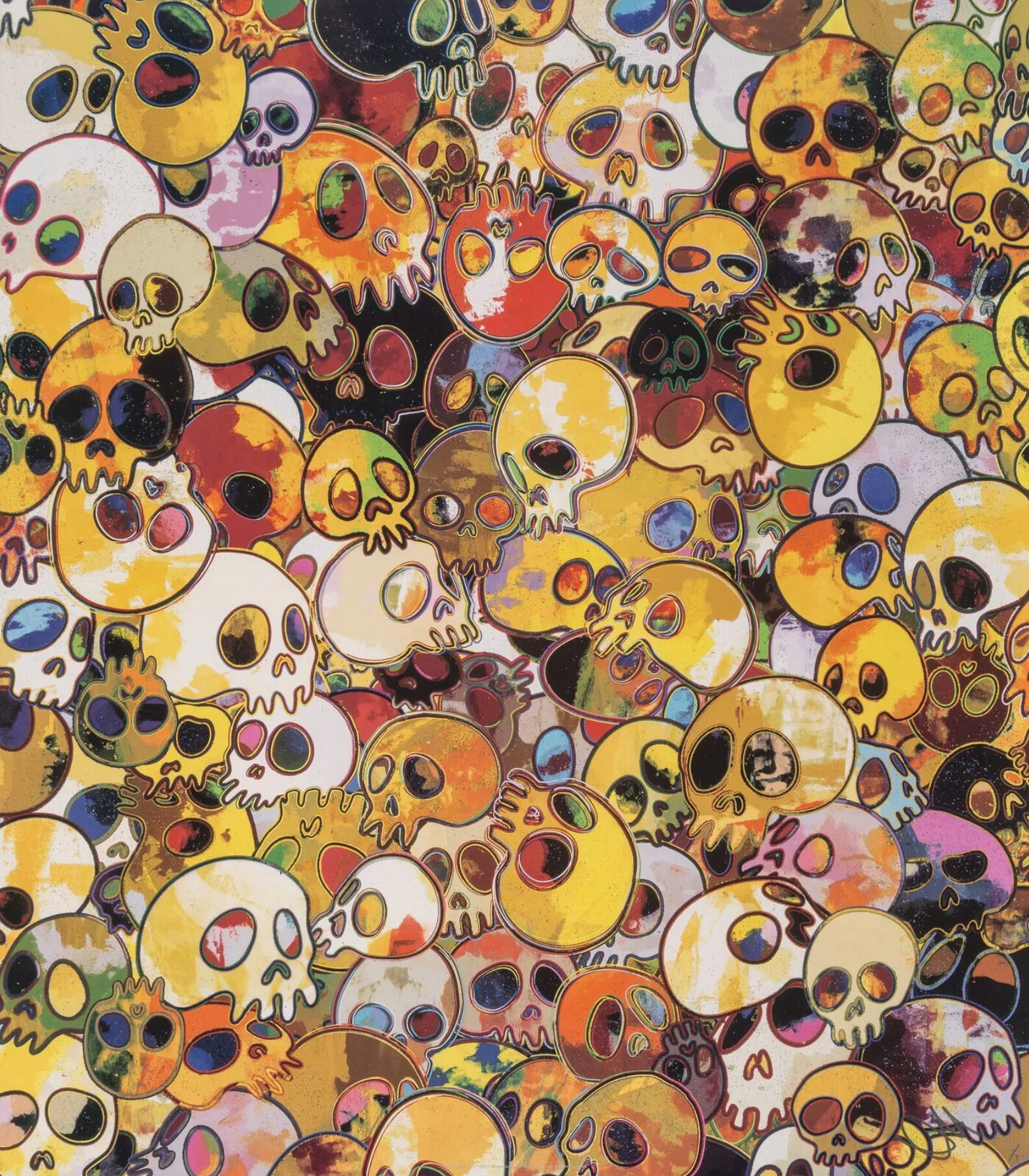 A large group of colorful skulls on a white background.