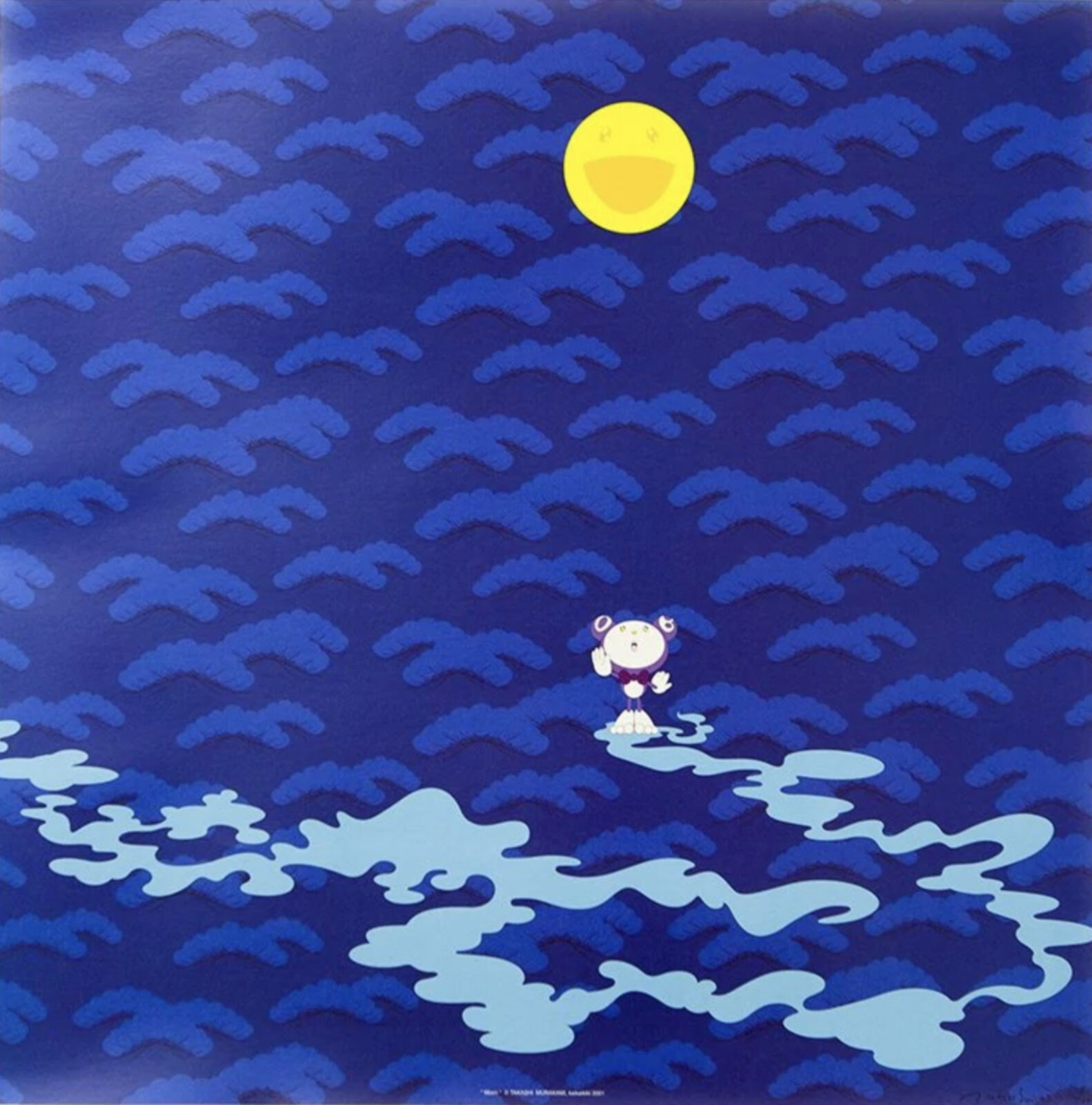 A painting of a person floating in the ocean with a full moon.