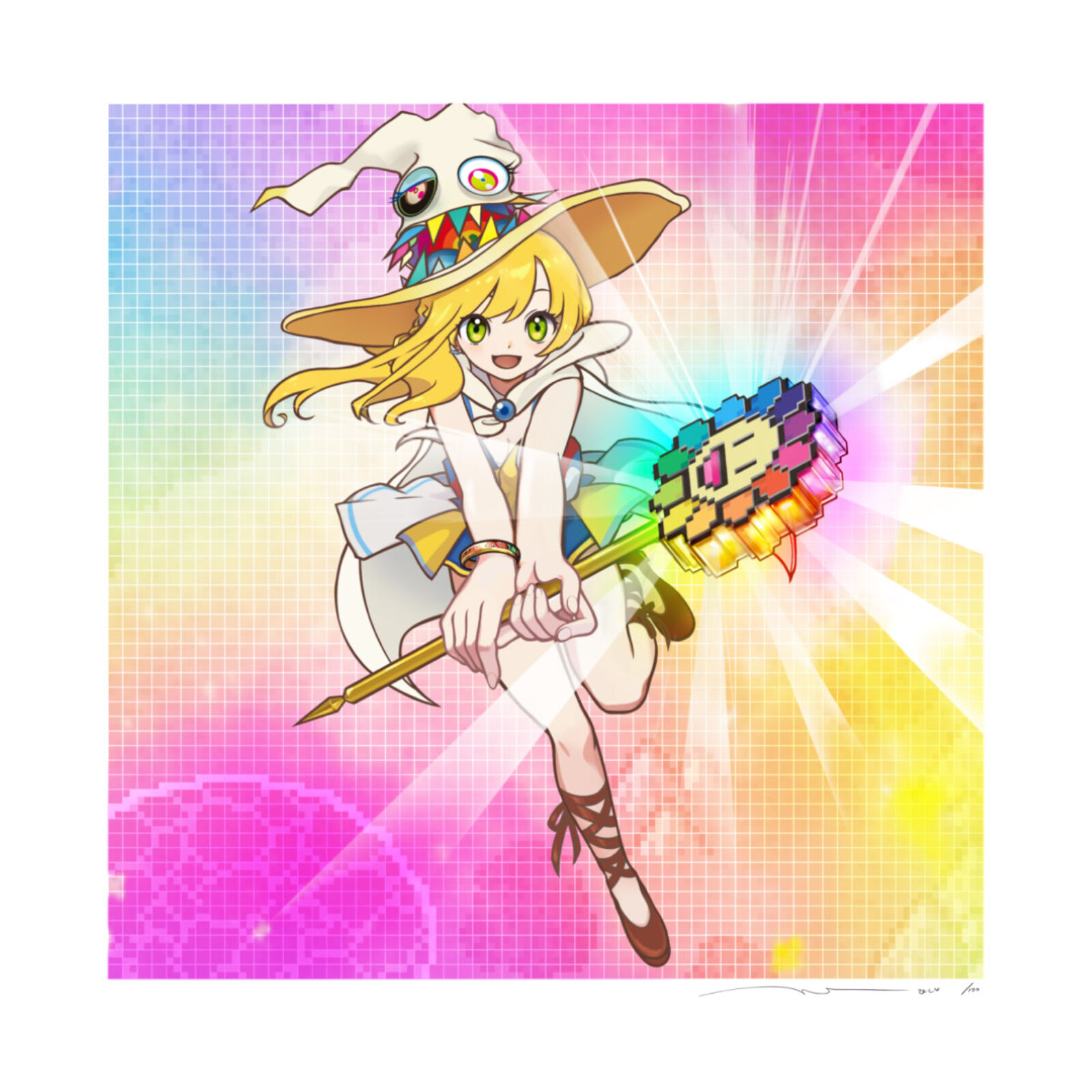 A girl in a witch costume holding a magic wand.