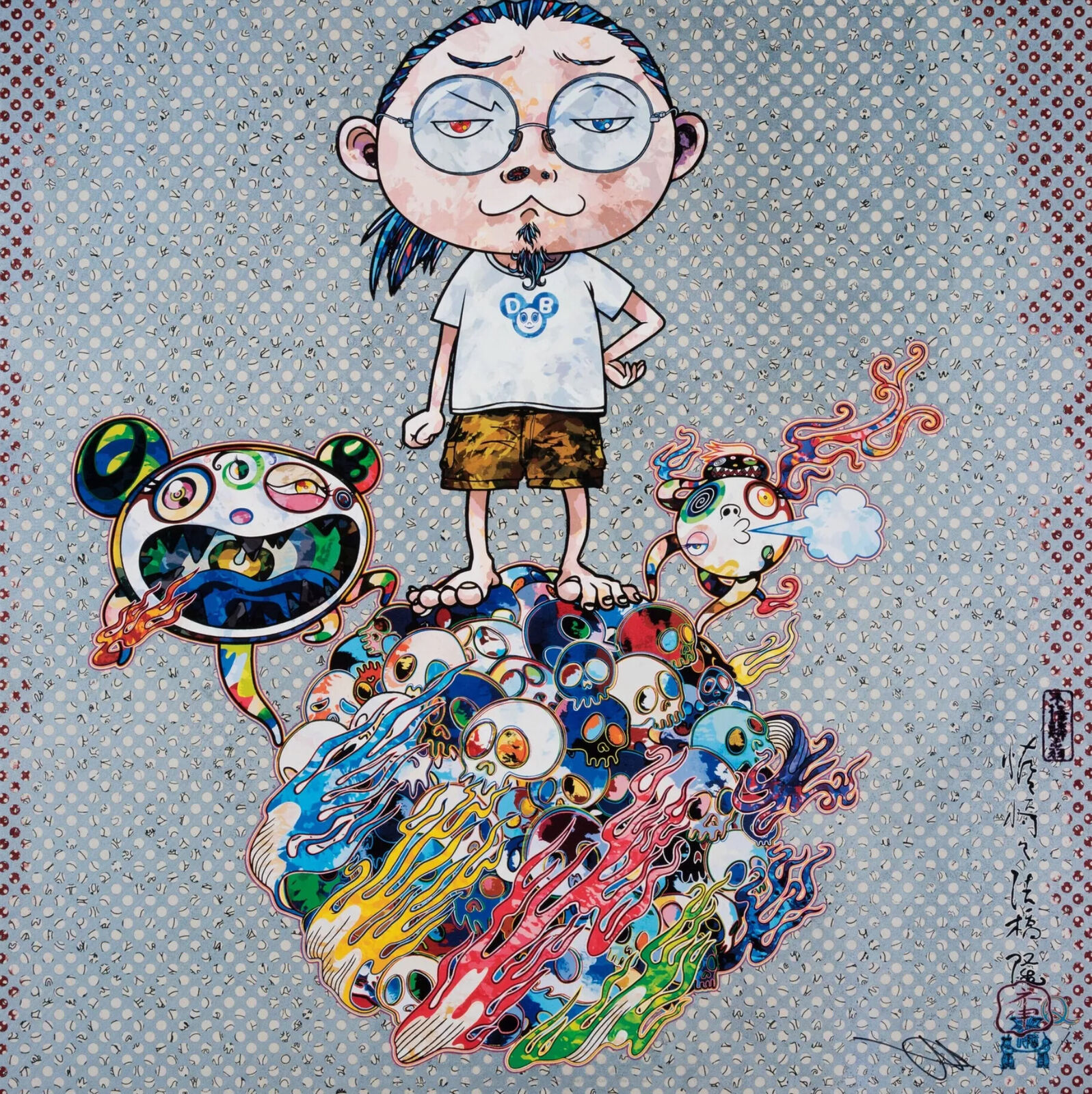 A painting of a boy standing on top of a pile of skulls.