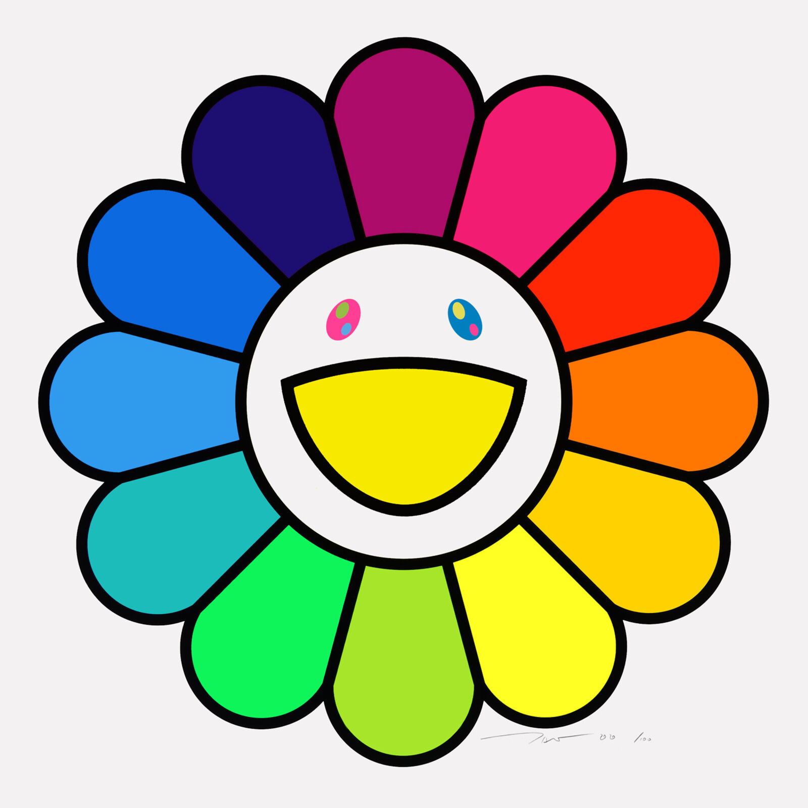 A colorful flower with a smiley face on it.