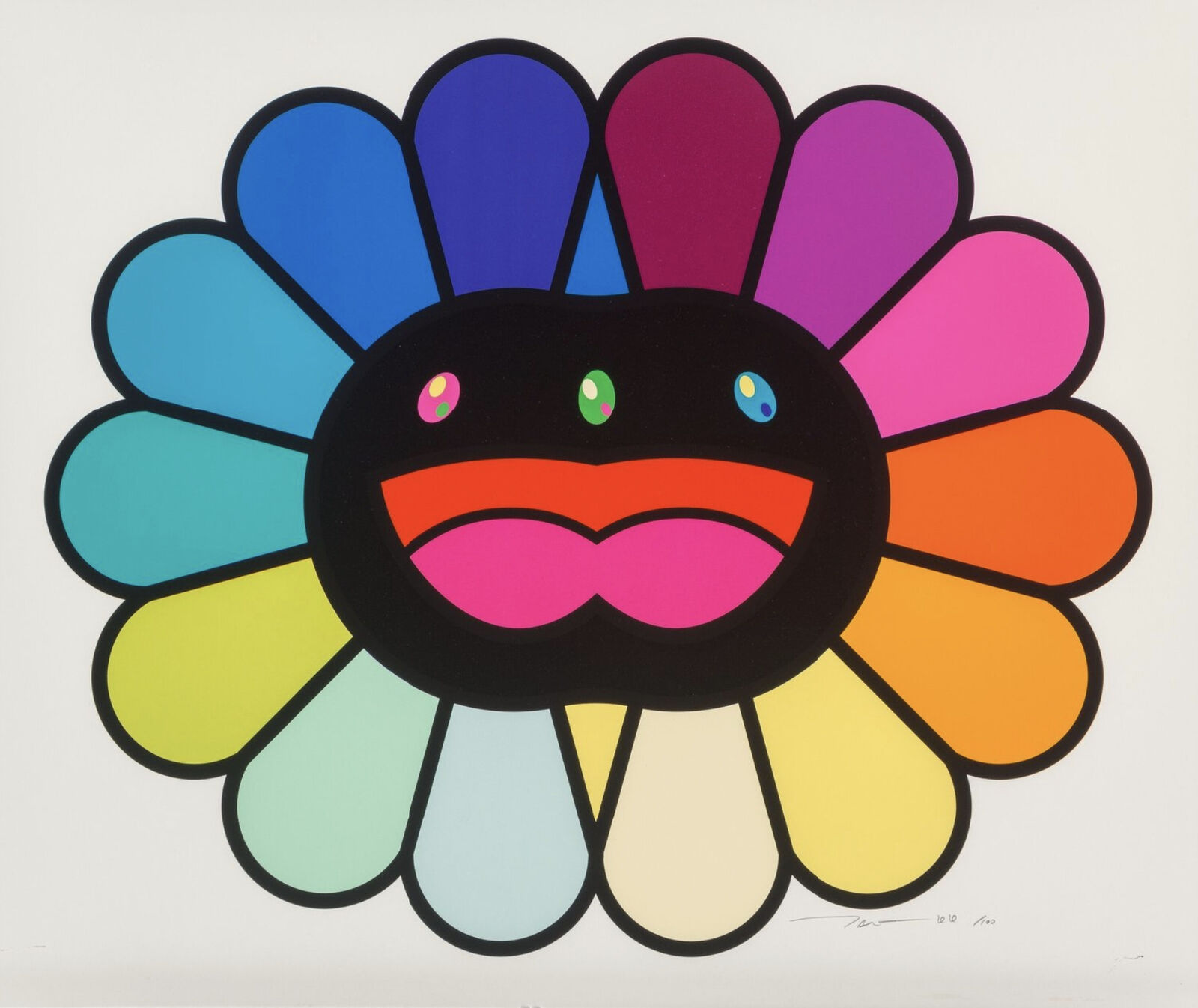 A colorful flower with a smiley face on it.