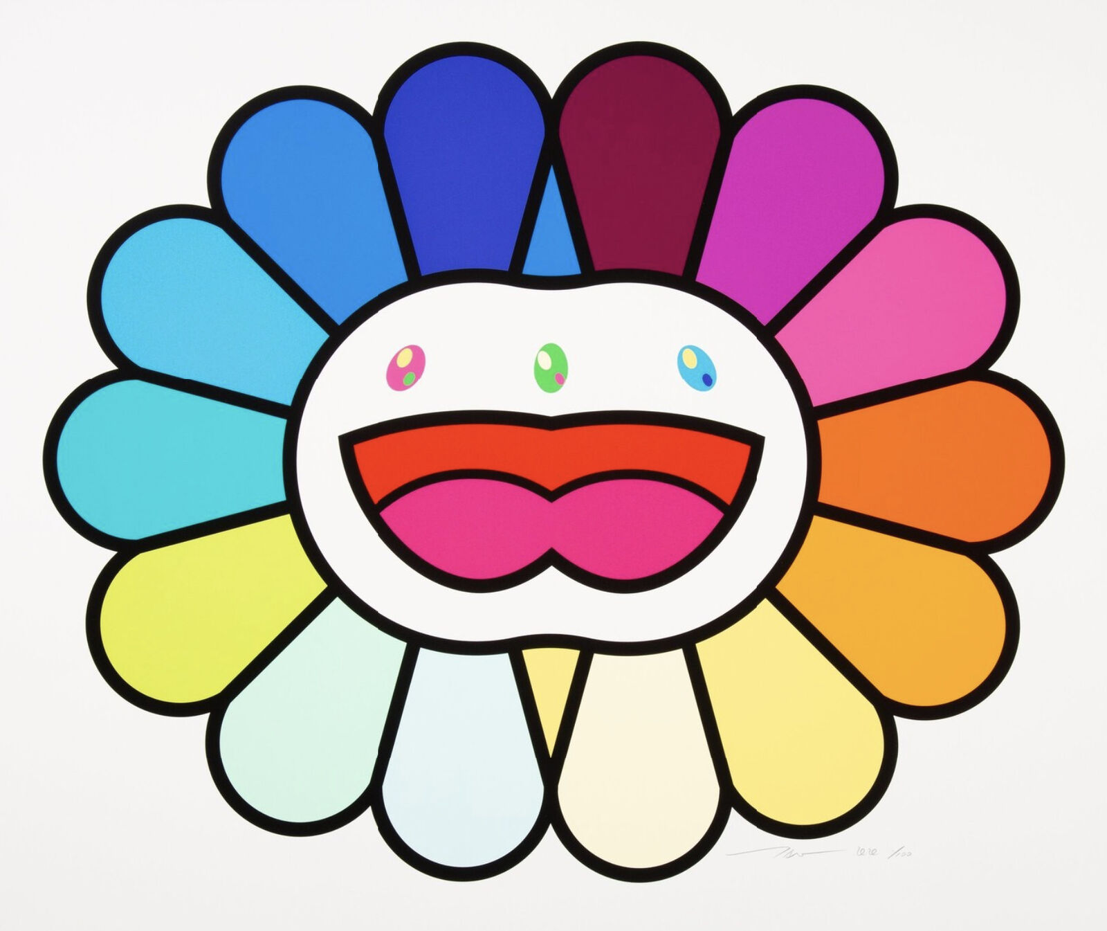 A colorful flower with a smiley face on it.