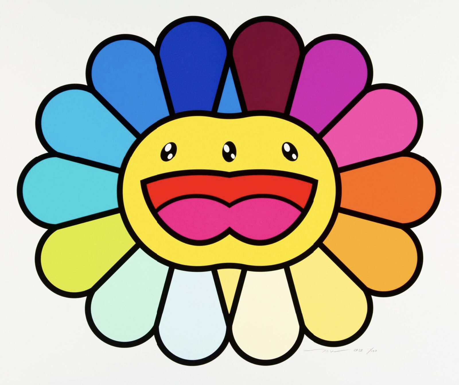 A drawing of a smiling flower with a big smile on its face.