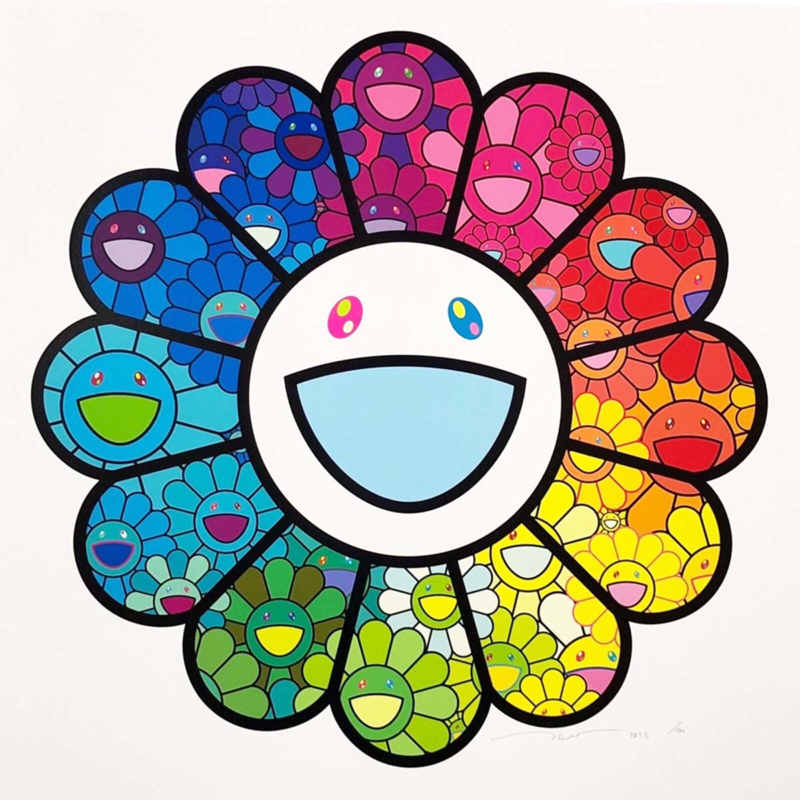 A drawing of a smiling flower with many different colored flowers.