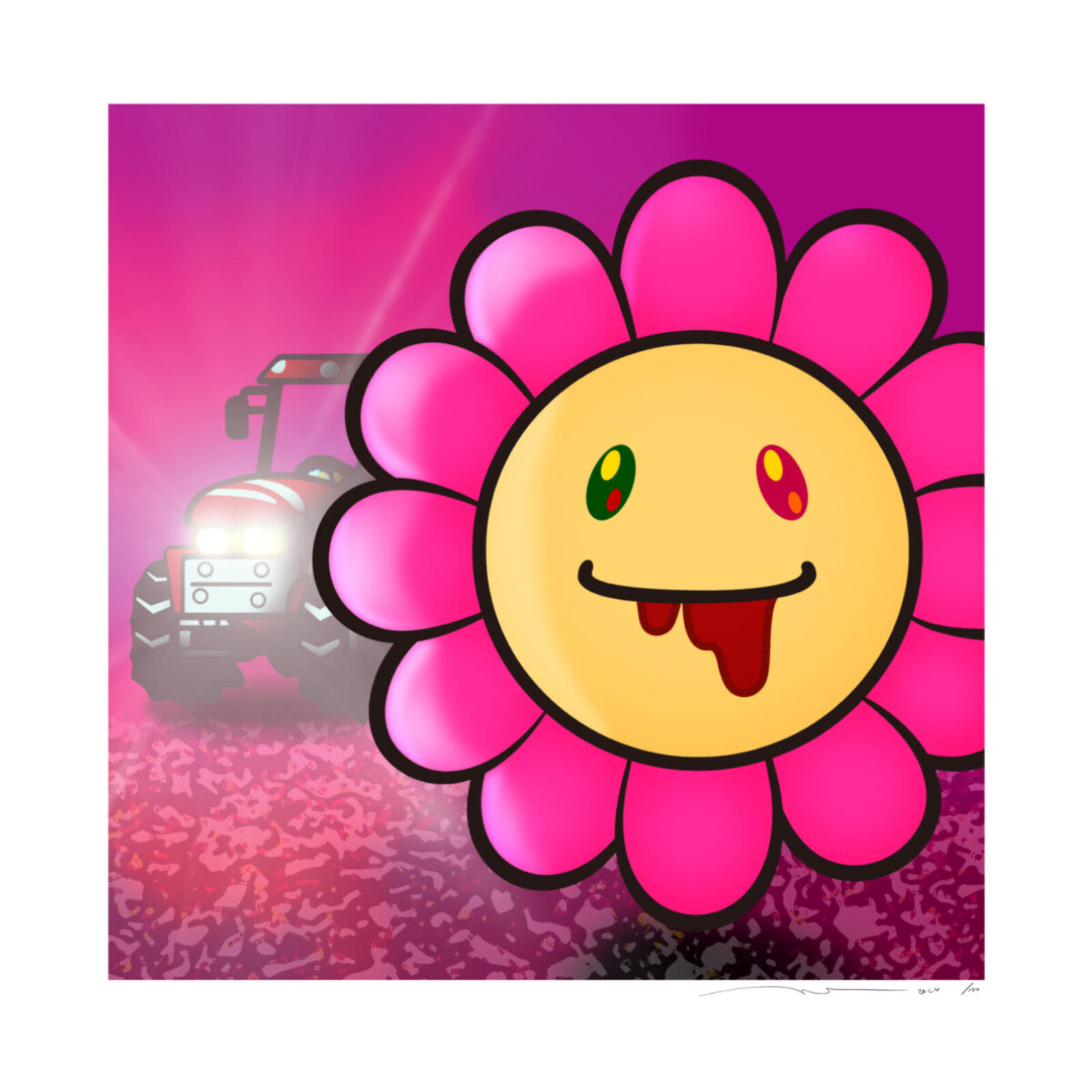 A pink flower with a smiley face sticking out its tongue.