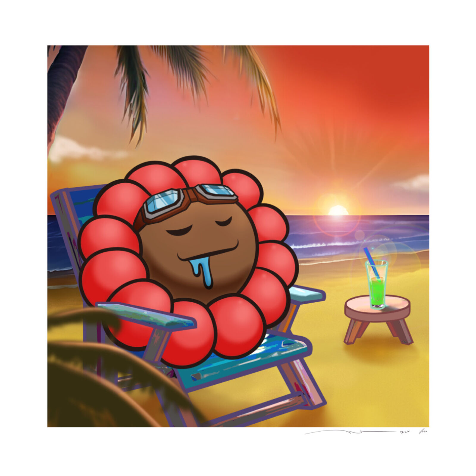 A cartoon character sitting in a beach chair on the beach.