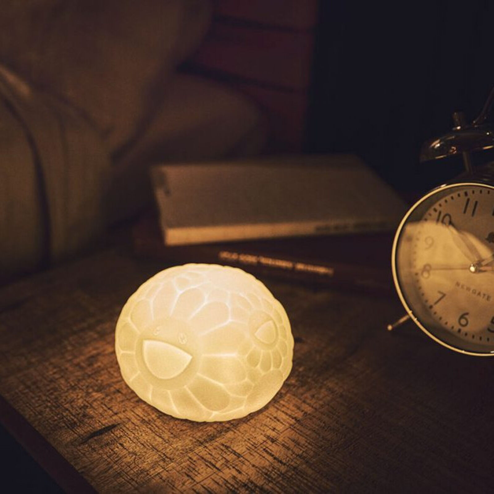A white turtle shaped lamp on a black background.