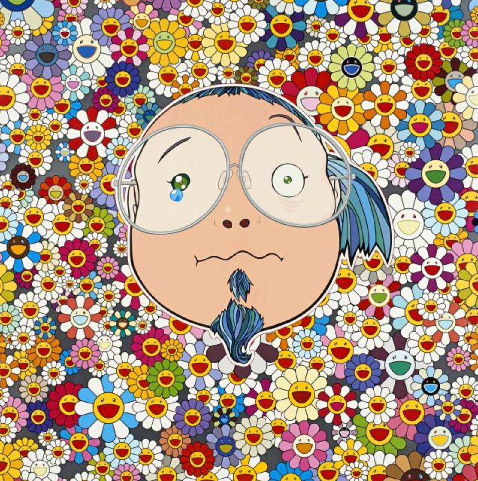 A drawing of a person with glasses surrounded by flowers.