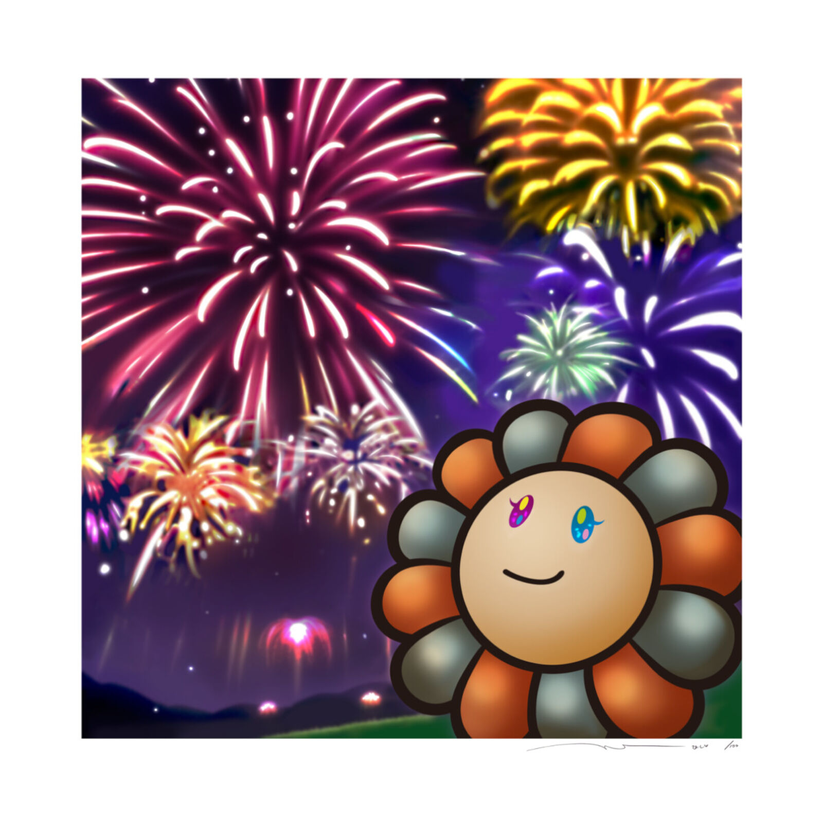 A picture of a flower with fireworks in the background.