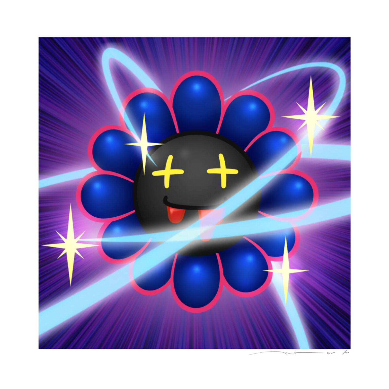 A blue flower with a smiley face on it's face.