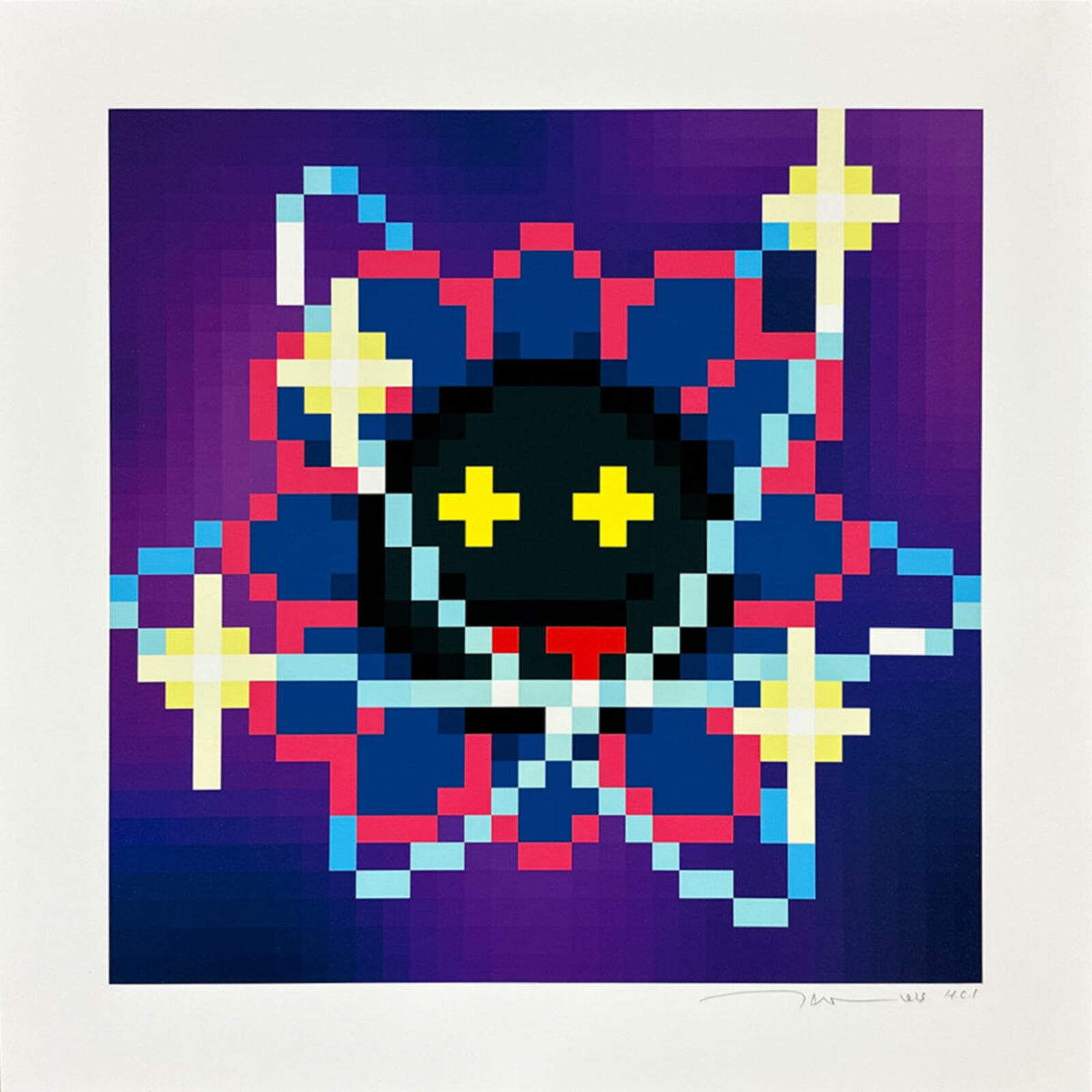 A pixel art piece with a smiley face on a purple background.