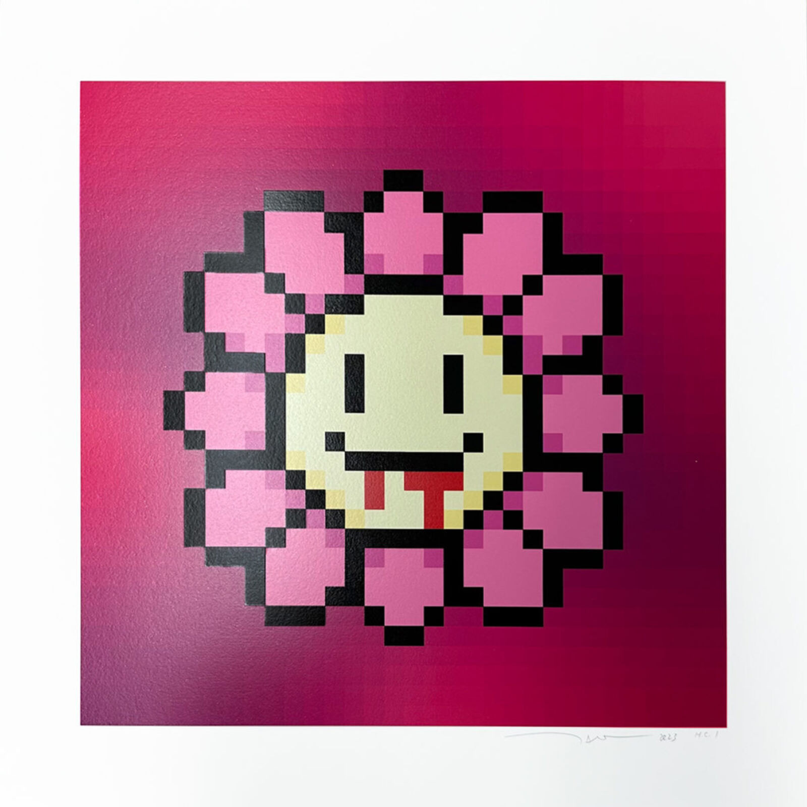 A pixel art of a pink flower with a smiley face.