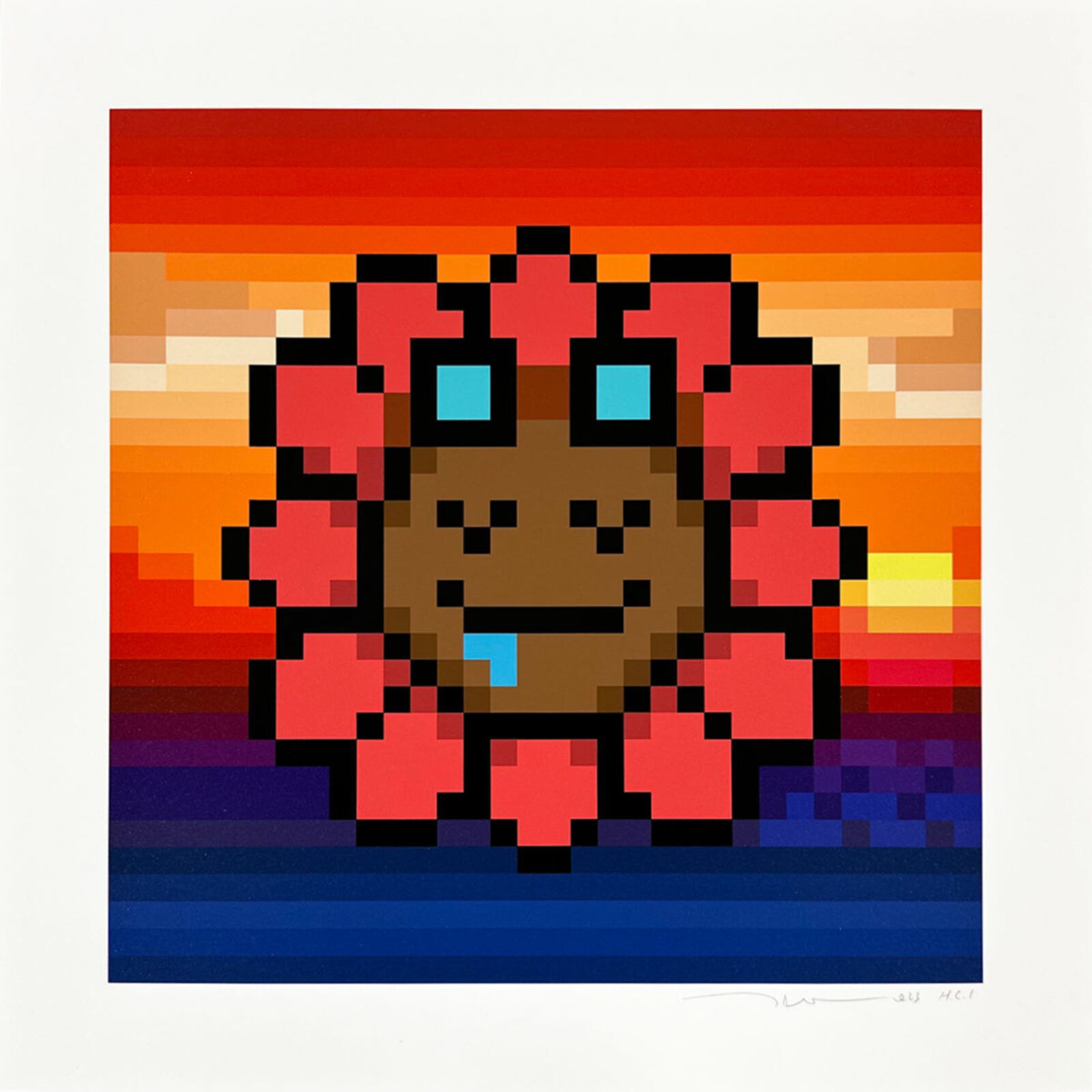 A pixel art of a smiling sun with a smiley face.
