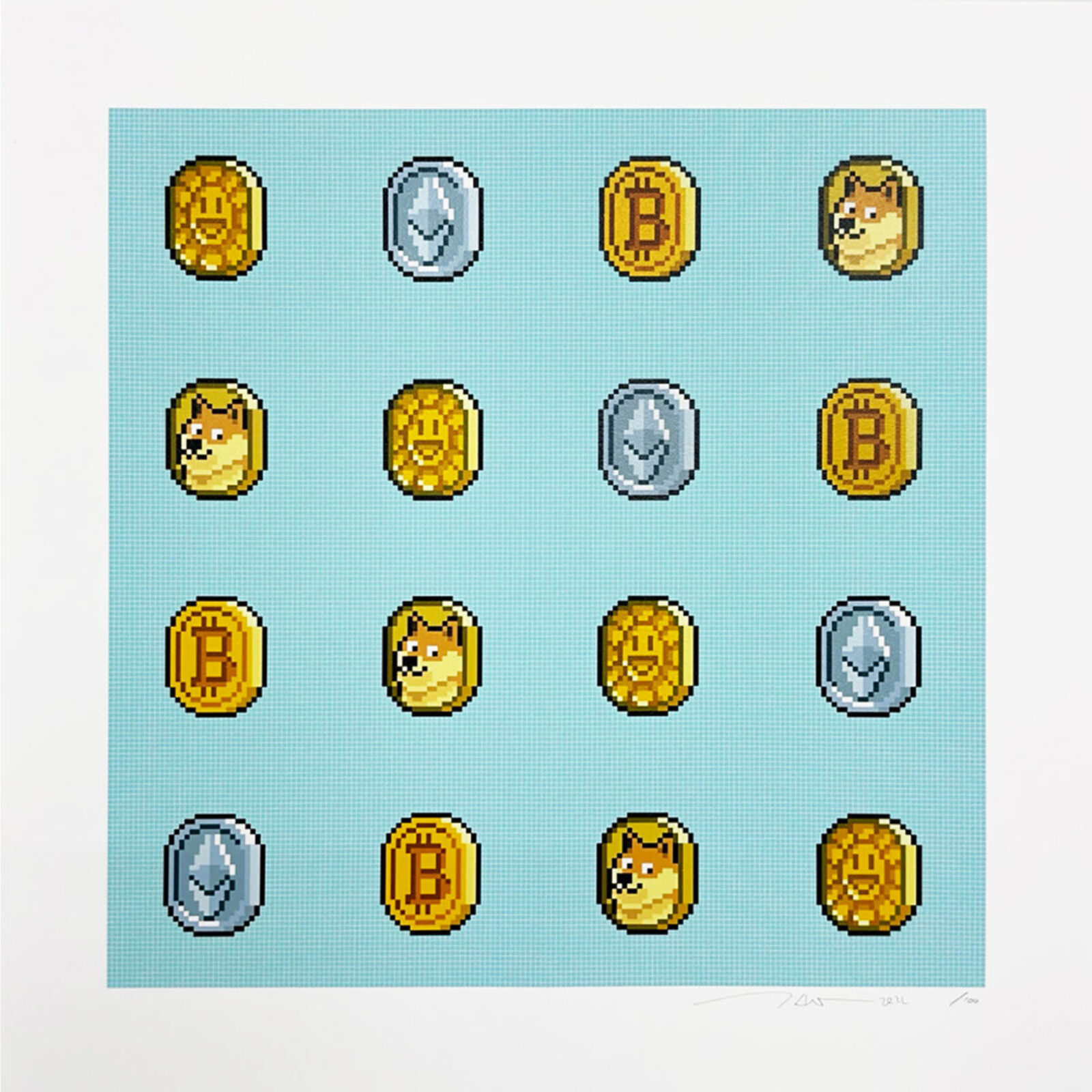 A pixel art of a bunch of coins on a blue background.