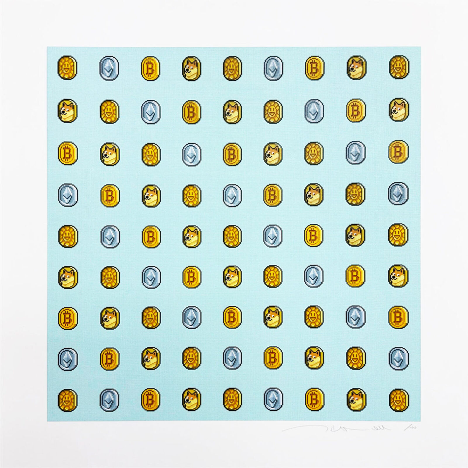 A blue background with a bunch of coins on it.