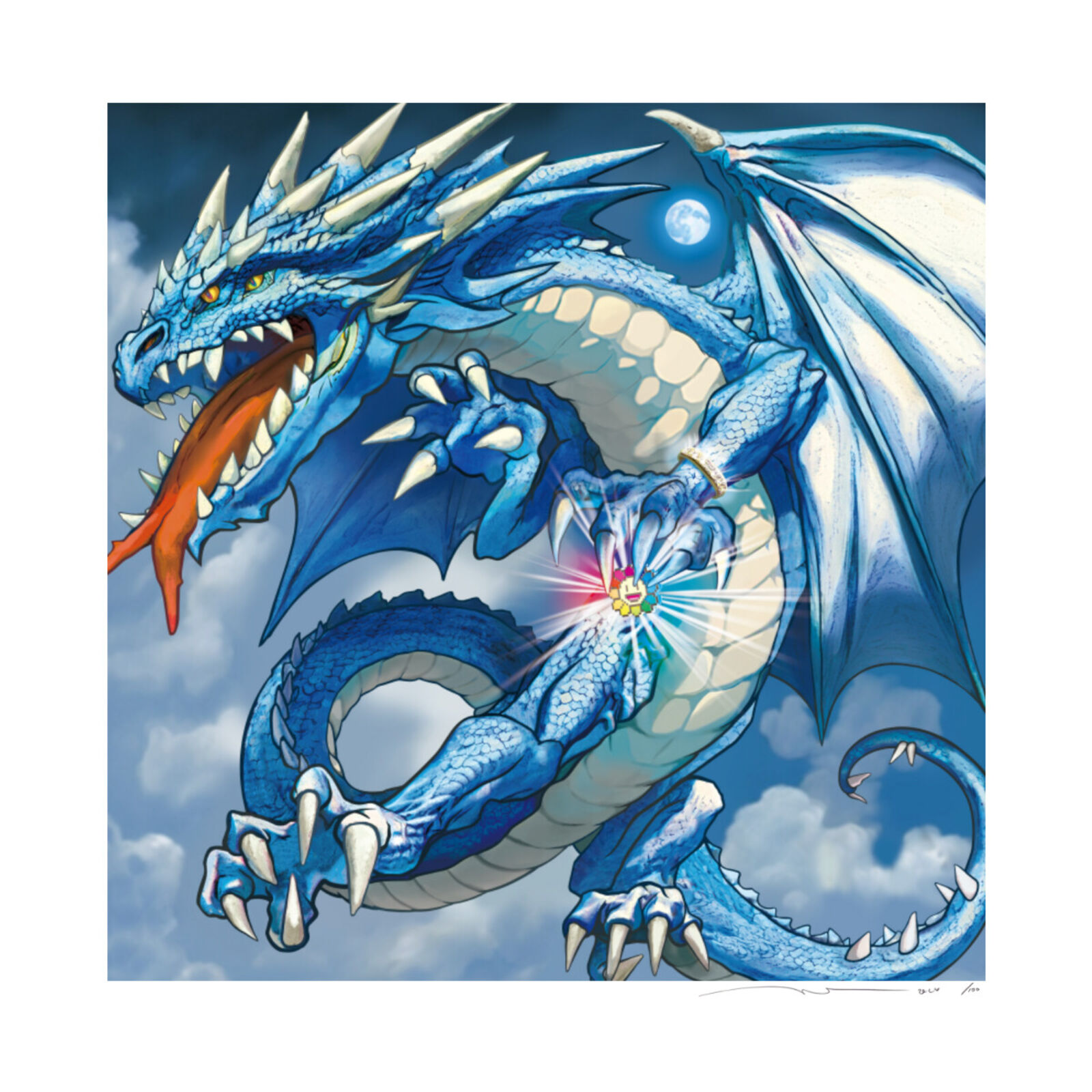 A blue dragon with its mouth open in the sky.
